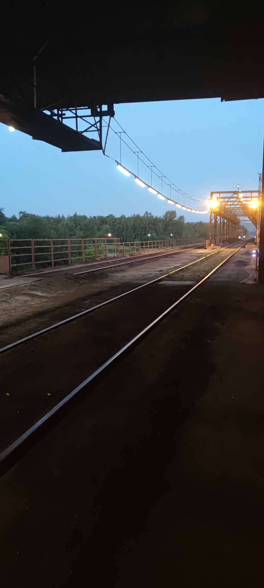 The image depicts an outdoor industrial area with train tracks under a twilight sky. The foreground shows two parallel train tracks running into the distance. A dark, solid structure, possibly a bridge or overpass, partially obscures the top of the image. Suspended from this structure, a series of lights illuminate a pathway or walkway that extends over the tracks. Beyond the tracks, a brown metal fence runs along the perimeter, separating the train area from a dense line of green trees in the background. Some additional lights are visible in the distance, illuminating a large industrial structure, possibly a crane or conveyor system. The overall scene suggests a working industrial or logistical facility. This location is identified as the Salzgitter steelworks in Salzgitter, Germany. There are no people or animals visible in the image.