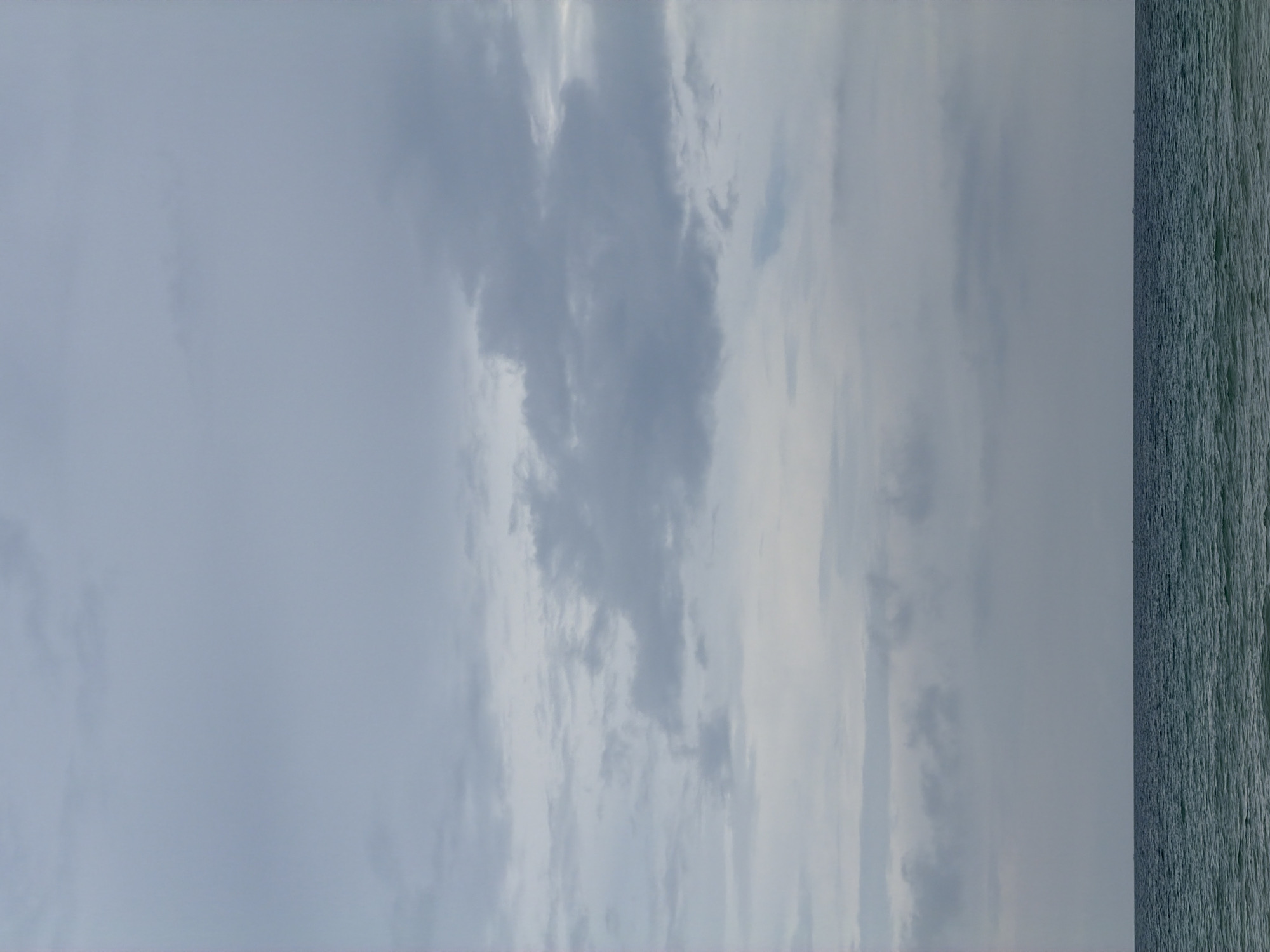 The image shows a section of the ocean next to the city of Nam Nha Trang Ward, Vietnam, with an overcast sky dominating the view. The sea is rough, characterized by waves and turbulent water. The sky is covered with grey clouds, typical of an overcast day.