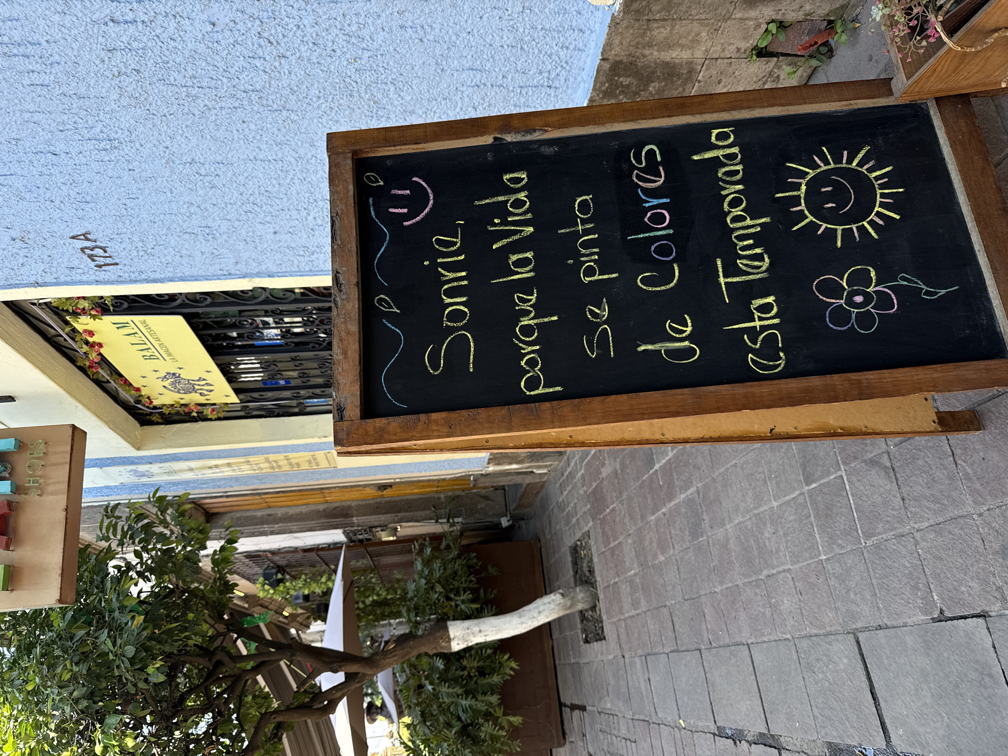 The image displays a daylight street scene in Tlaquepaque, Mexico. In the foreground, a dark brown wooden A-frame chalkboard sign stands on a sidewalk paved with square gray stone tiles. The black chalkboard surface features text and illustrations rendered in yellow, pink, green, and light blue chalk. The primary message reads: "Sonrie, porque la Vida se pinta de Colores esta Temporada" (Smile, because Life paints itself with Colors this Season). The sign also includes a pink smiley face, wavy lines, leaf-like shapes at the top, and a multicolored flower and a yellow sun with a smiley face at the bottom.
To the right of the chalkboard, a building facade exhibits a light blue textured stucco finish with the address "173A" affixed to it. Behind the chalkboard, a storefront is visible, featuring a black ornate metal gate adorned with red floral decorations. Above this gate, a yellow sign reads "BALAM LA IMAGEN ARTESANAL."
To the left, a small tree with green leaves grows from a square cutout in the sidewalk; its lower trunk is painted white. Behind this tree, a large rectangular planter box contains dense green foliage. A white outdoor umbrella and a dark, possibly statuette, figure are partially visible behind the planter, suggesting an outdoor seating arrangement. A metallic brown hanging sign, partially obscured, shows the word "SHOES" above the tree. A small wooden box containing decorative plants is situated on the ground next to the chalkboard sign on the far right. No individuals are visible in the scene.