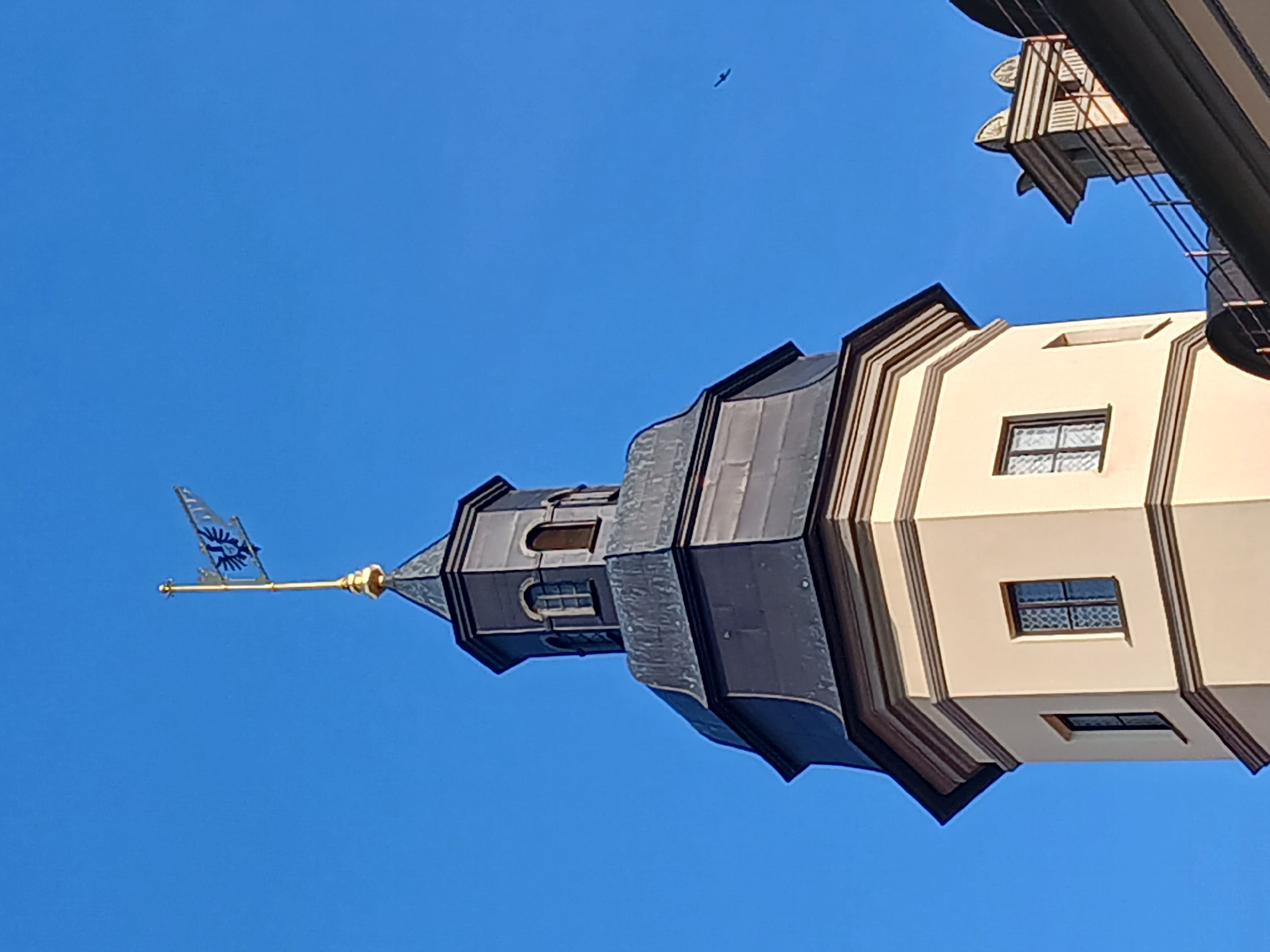 The image shows a close-up view of a tower with a flag on top, set against a clear blue sky. The tower has a light-colored, octagonal base with dark windows. Above this is a dark, multi-faceted section, possibly a roof or an upper story, topped by a smaller, dark, octagonal turret. At the very peak of the turret is a golden flagpole with a decorative finial, from which a flag is flying. The flag is predominantly blue with a white emblem, appearing to be an eagle or a similar heraldic bird, depicted in profile. To the right of the tower, in the distance, a small, dark bird is visible in flight. The architectural style suggests it is part of a historical building, likely within the city of Nesvizh, Belarus, potentially part of the Nesvizh Castle complex.
