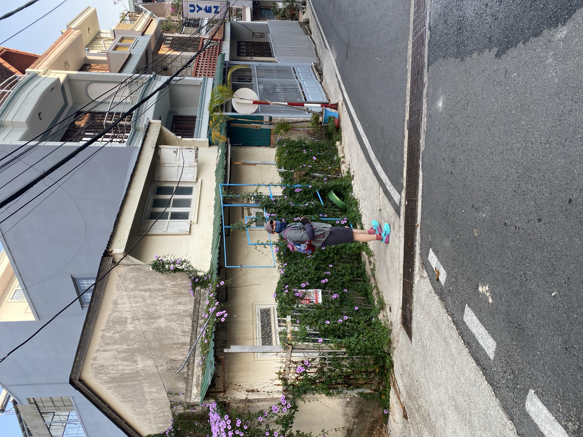 The image depicts a street scene in Da Lat, Vietnam, as suggested by the architecture and vegetation. A person stands on a sidewalk next to a building covered in purple flowers. The building appears old, with peeling paint and a green corrugated metal roof. The street is asphalt with white lane markings and a metal grate along the sidewalk edge. In the background, other buildings are visible. The overall impression is of a narrow street with older buildings and abundant greenery. The person is wearing athletic shoes and a backpack, suggesting they may be a tourist.