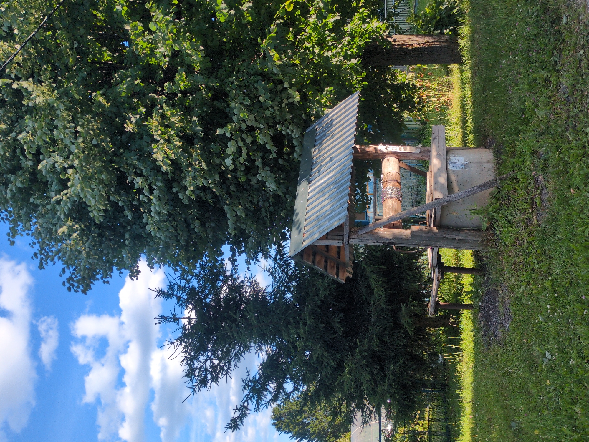 This is a medium shot, eye-level, vertical photograph of a well in the village of Velikovo, Russia. The well has a concrete base and a wooden structure with a corrugated metal roof. A wooden winch with rope is visible. To the left of the well is a simple wooden bench. The background is dominated by large, leafy green trees and a dark green conifer. The sky is blue with scattered white clouds. The ground is covered in green grass. The lighting suggests it is daytime. There are no people or animals visible in the image.