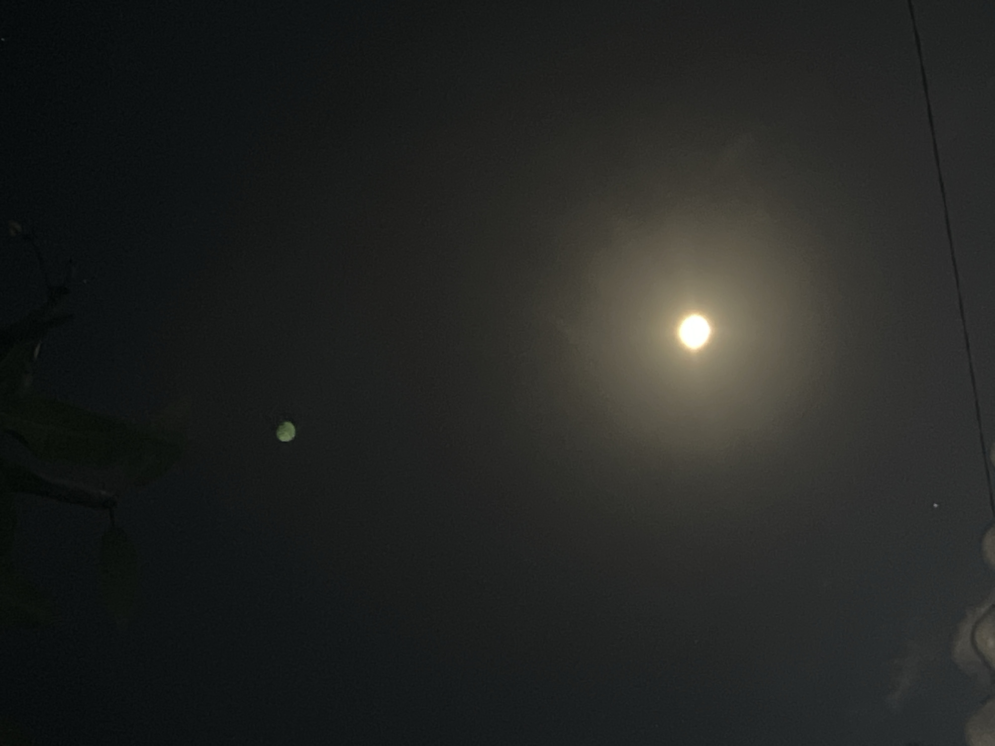 The image shows a nighttime sky with a full moon prominently displayed in the lower half. A smaller, green circular object is visible in the upper portion of the sky. Some dark foliage is visible at the very top edge of the frame. The bottom of the image shows the silhouette of what appears to be a rooftop with some texture, and a horizontal line that could be a wire. The overall scene is dark, consistent with a night sky. It is not possible to determine the specific location within Denpasar, Indonesia, from the visual information provided.