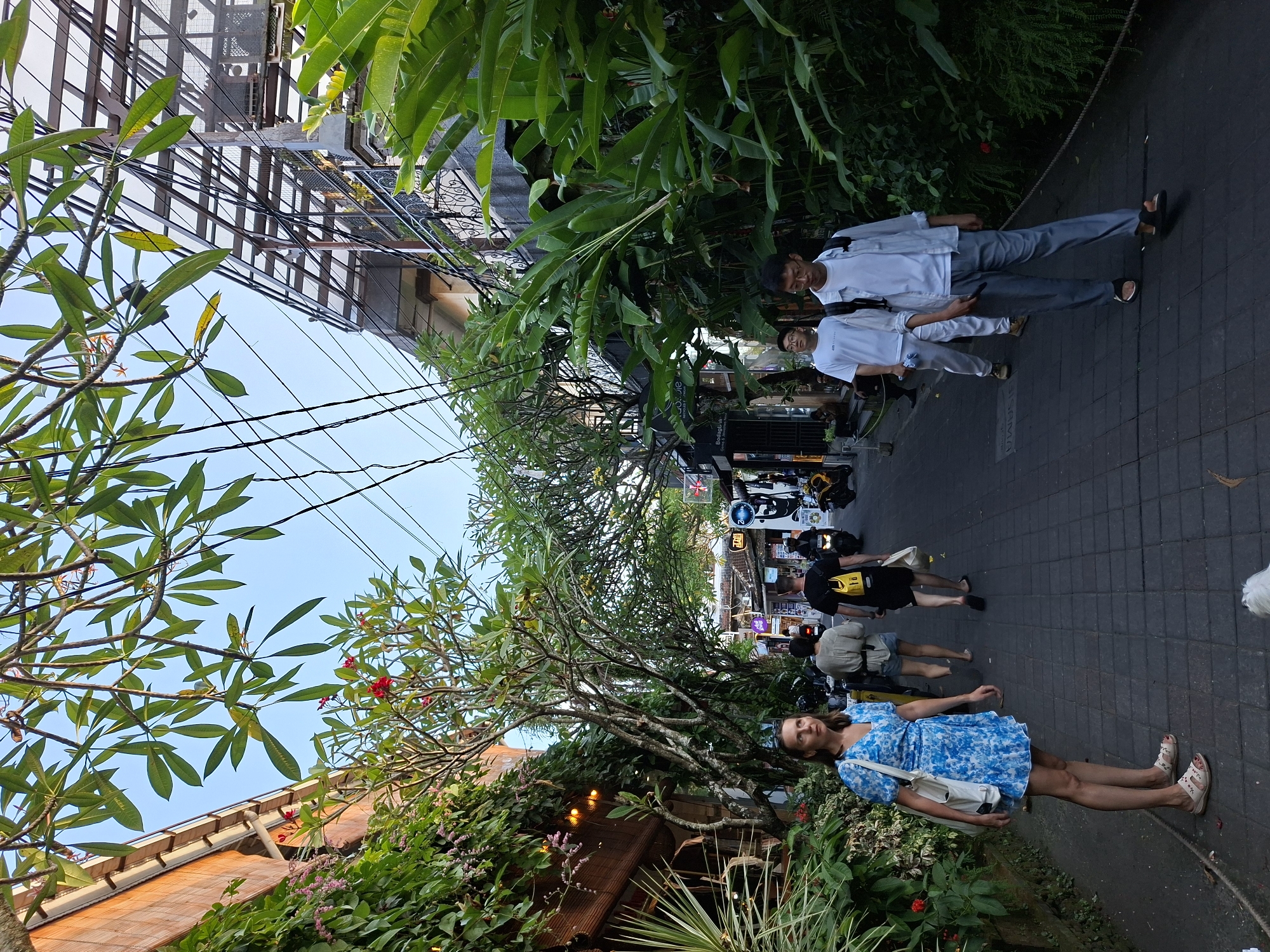 This eye-level, full outdoor shot depicts a street scene in Ubud District, Indonesia. The street is paved with grey bricks and lined with dense tropical vegetation.
On the right side of the frame, two Asian men wearing matching white shirts, one with a grey open dress shirt and grey pants, are walking. A third person in a black shirt and two other individuals are walking further down the street. Several parked scooters line the background.
On the left side of the frame, a fair-skinned woman in a blue patterned dress is standing amongst the greenery. Part of a building with a terracotta roof is also visible on the left. Power lines crisscross the sky above the street. The sky is light blue.