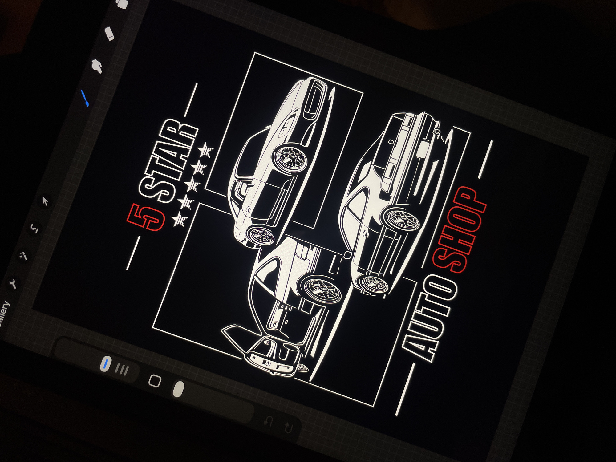 The image shows a digital illustration on a tablet screen. The design is for a business called "5 Star Auto Shop" and features cartoonish line drawings of three different cars arranged in a geometric pattern. The words "5 STAR" and "AUTO SHOP" are written in a bold sans-serif font, with "5" and "SHOP" highlighted in red, accompanied by five white stars. The background of the design is black, with white lines and details. The image is captured at an angle, showing the edges of the tablet and some UI elements.