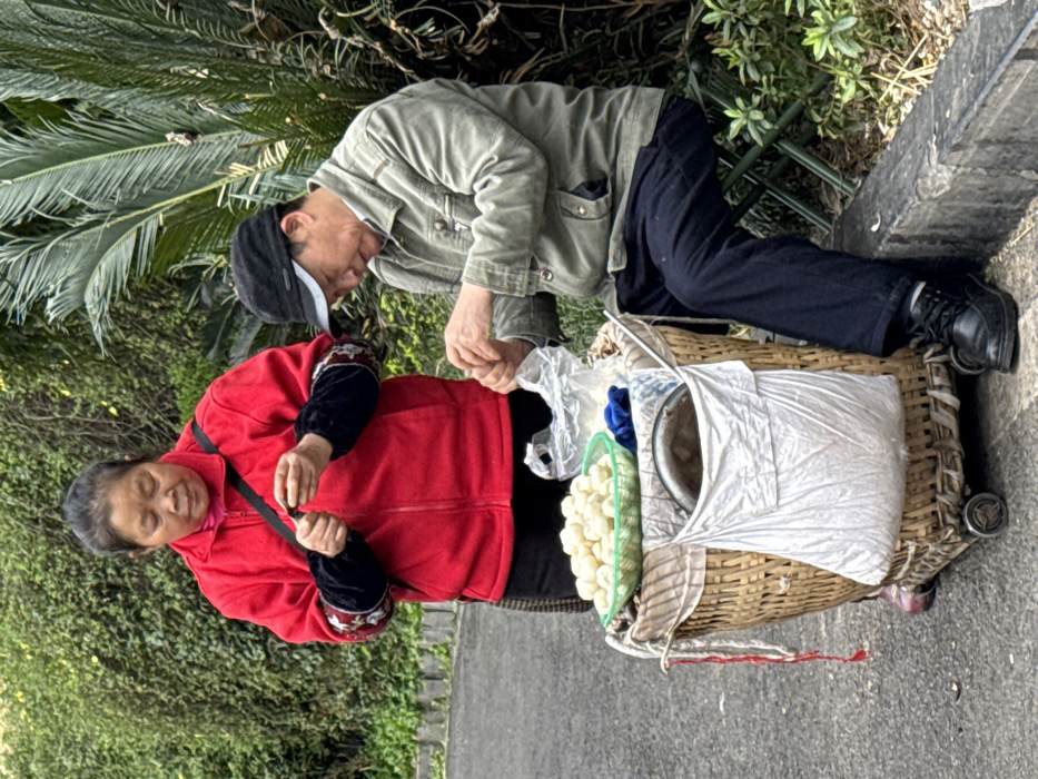 Two elderly people are seen in the image. An older woman in a red jacket holds money. An older man in a gray jacket and a black cap crouches near her, looking at the goods in a woven basket. The basket contains some white goods in a green tray and other goods covered by white fabric. They appear to be on a path surrounded by vegetation. The man rests his foot on a curb.