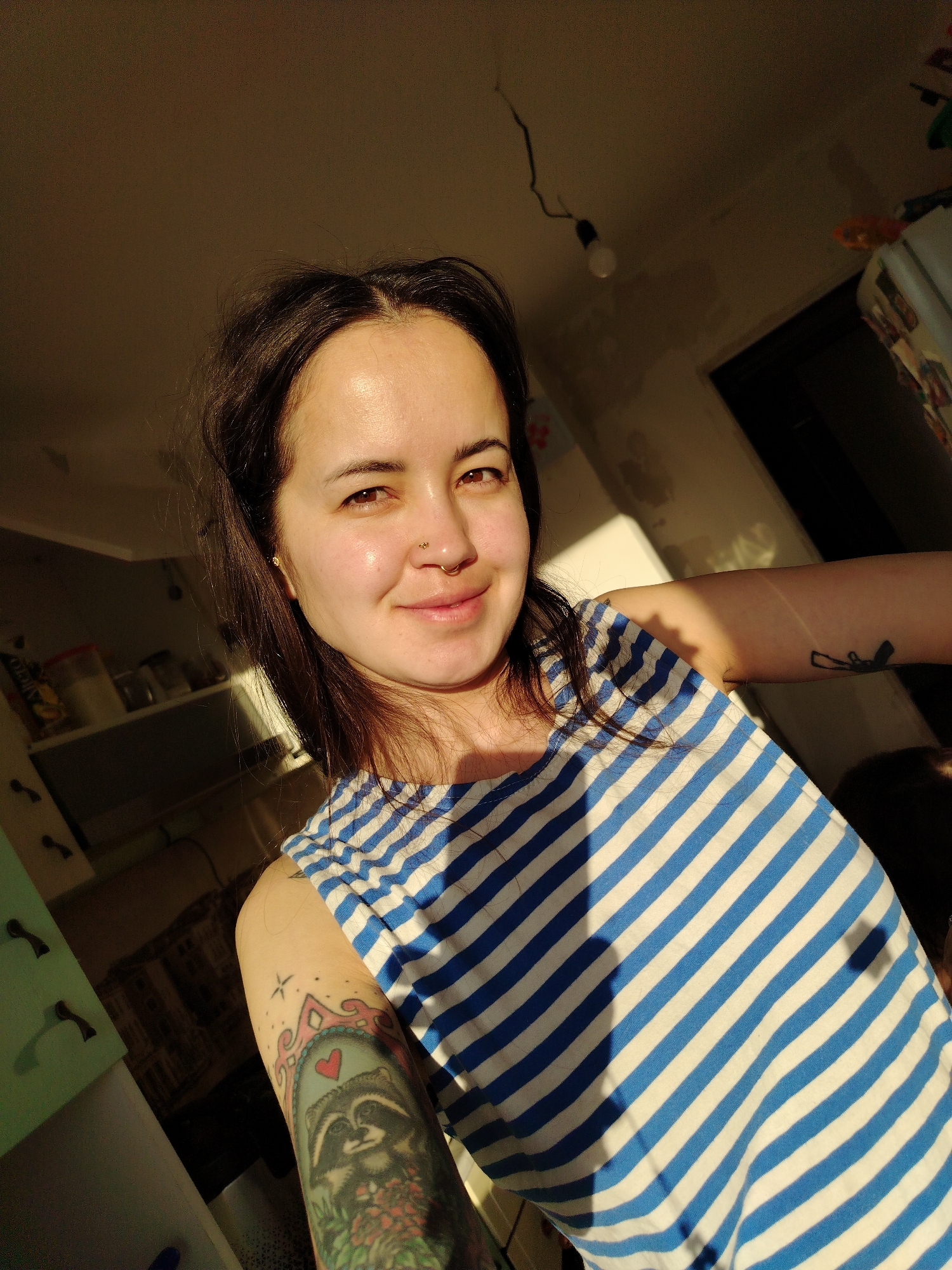 A young woman is captured in a selfie indoors, bathed in warm, golden sunlight. She has dark hair and dark brown eyes, with a small nose piercing on her right nostril and a tiny gold earring in her left ear. A gentle, calm smile plays on her lips. She is wearing a blue and white striped sleeveless top, reminiscent of a telnyashka.
Her left arm (viewer's right) features a prominent, colorful tattoo of a raccoon nestled within an ornate frame, topped with a red heart and surrounded by blooming flowers. On her right arm (viewer's left), a smaller, dark, stylized tattoo, possibly depicting a firearm, is visible near her elbow.
The background suggests a casual domestic setting, likely a room in a home in Noviy, Russia. The walls are light-colored, showing some marks or texture. On the left, shelves hold various jars and containers in the shadowed area. To the right, a dark doorway or opening is visible, along with a partial view of what appears to be a refrigerator or cabinet. A single, bare lightbulb hangs from the ceiling.
The strong, directional sunlight creates a high-contrast scene, illuminating the woman's features and casting distinct shadows, indicating either early morning or late afternoon. The overall atmosphere is candid and natural. No visible text is present in the image.