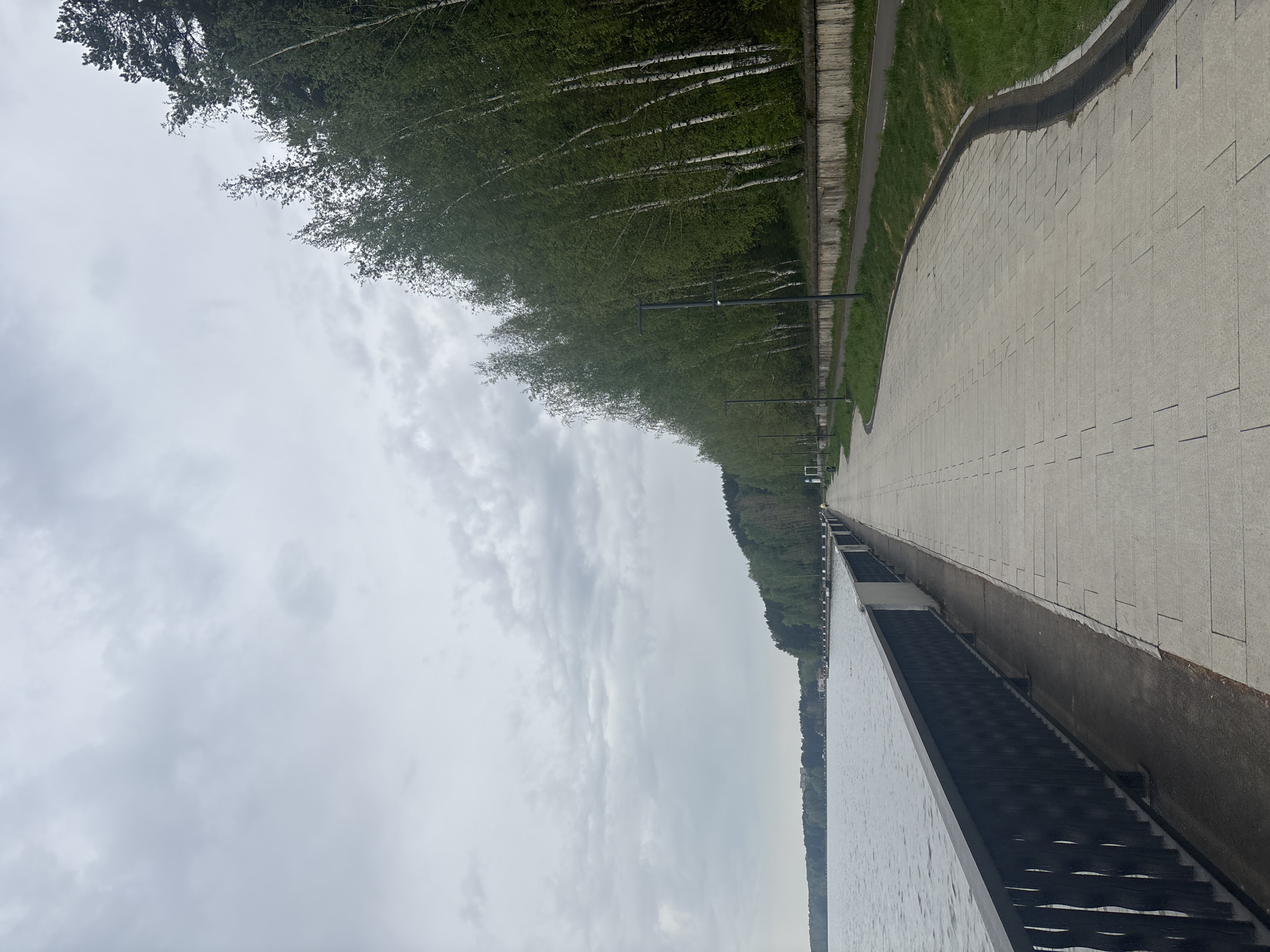 The image depicts a waterfront scene in Chaikovsky, Russia, under an overcast sky. A concrete embankment runs along the right side of the frame, composed of rectangular paving stones. Adjacent to the embankment is a grassy strip followed by a line of birch trees. The left side of the image shows a body of water, likely a river or lake, with ripples visible on the surface. A set of steps leads down to the water's edge. Tall, thin lampposts are spaced along the path that runs parallel to the tree line. The sky is filled with gray clouds.