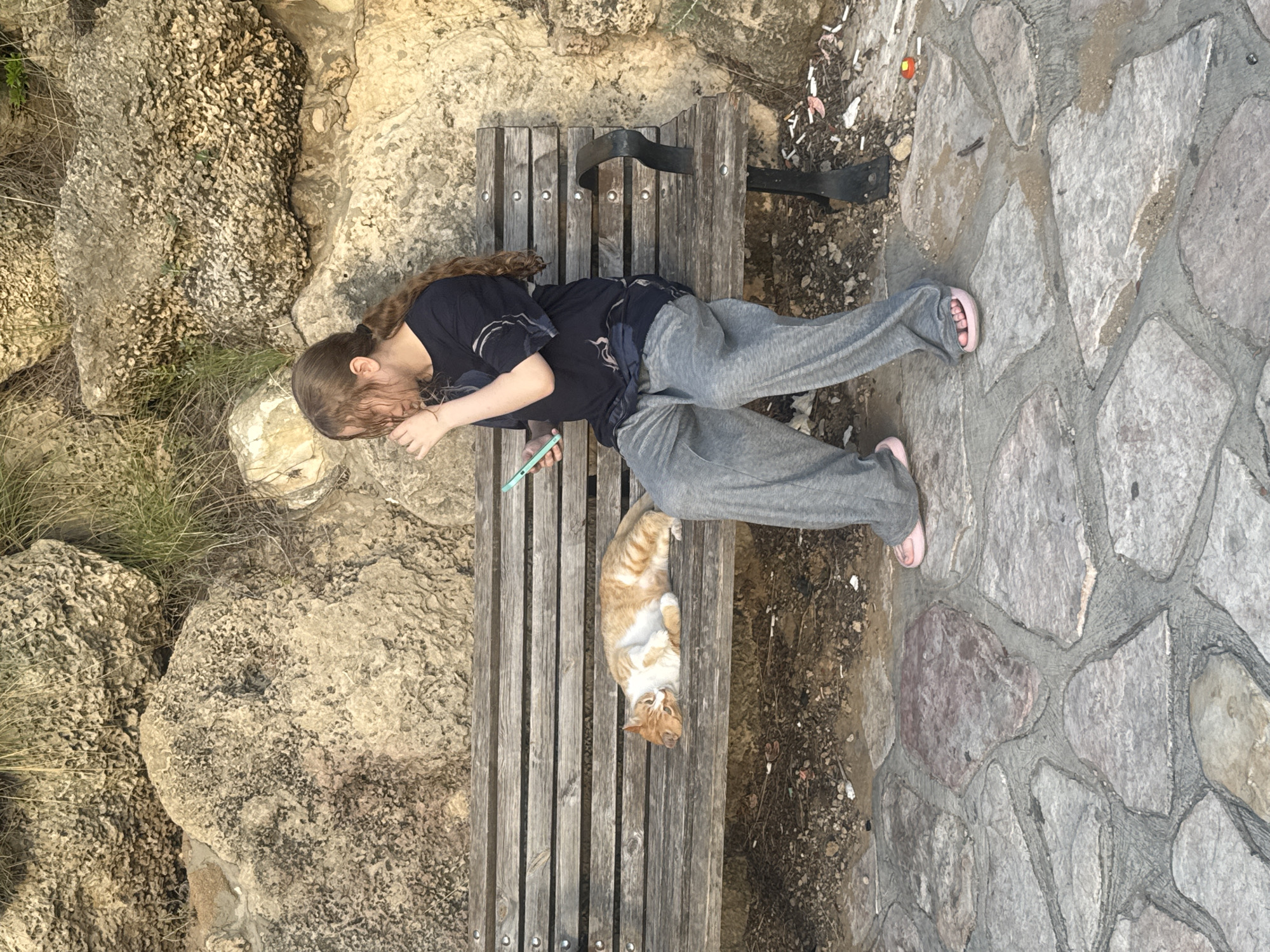 A young person with long, wavy brown hair, wearing a dark t-shirt and grey sweatpants, sits on a weathered wooden park bench. They are holding a light blue mobile phone in their right hand, touching their face with their left hand. Next to them on the bench, a ginger and white cat is lying on its side, appearing relaxed. The bench is situated outdoors, with a rocky, overgrown embankment behind it. The ground in front of the bench is paved with irregular flagstones. The scene appears to be in Ramat Gan, Israel, given the context.