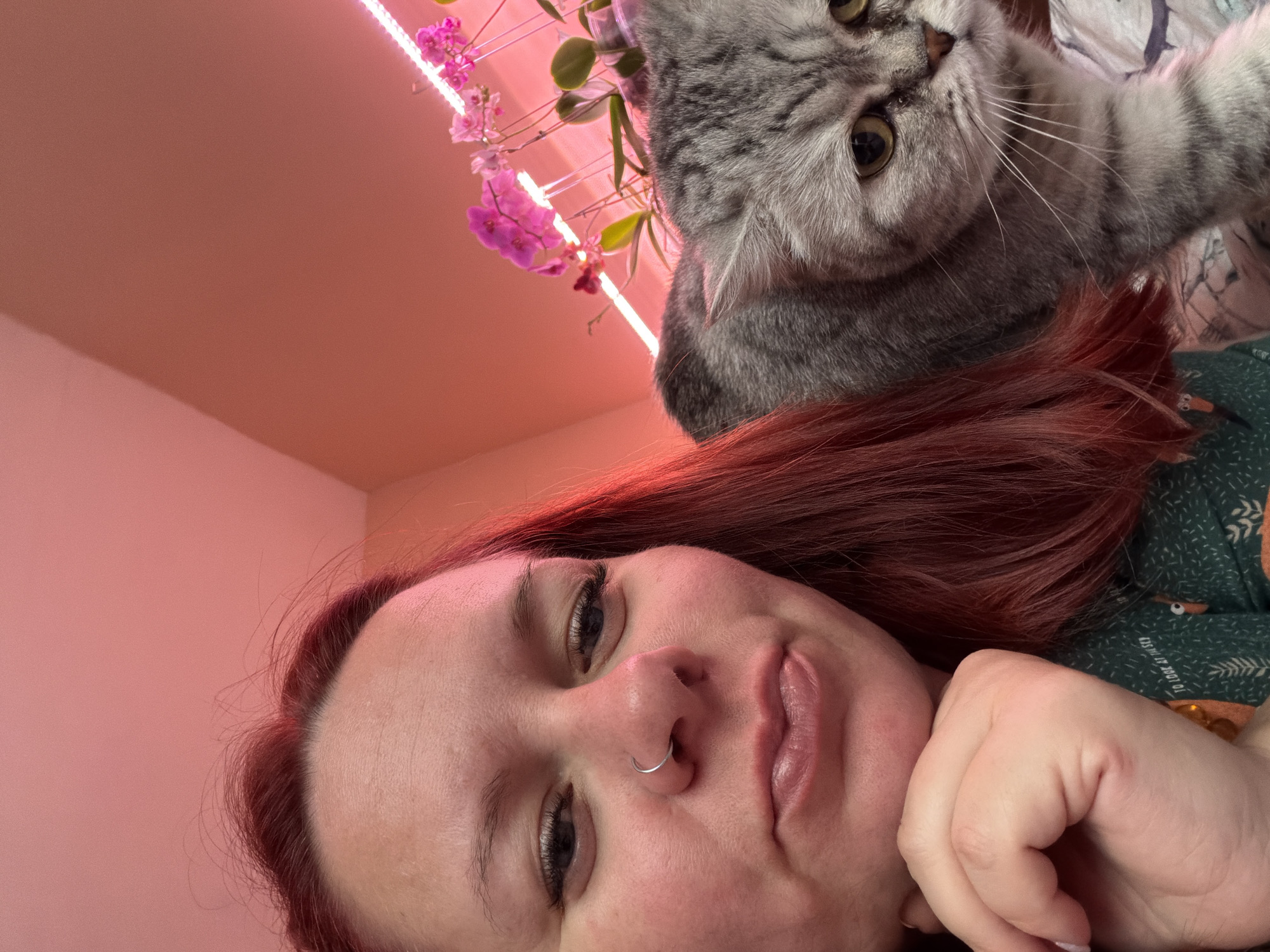 A selfie of a woman with red hair, a nose ring, and a grey tabby cat on her head. The setting is indoors, indicated by a pink wall and a lit plant growth light above the woman's head. There are flowers next to the light. She is wearing a dark-green patterned shirt and the cat is lying on a patterned bedspread. There is no verifiable information in the image to confirm it was taken in Chaikovsky, Russia.