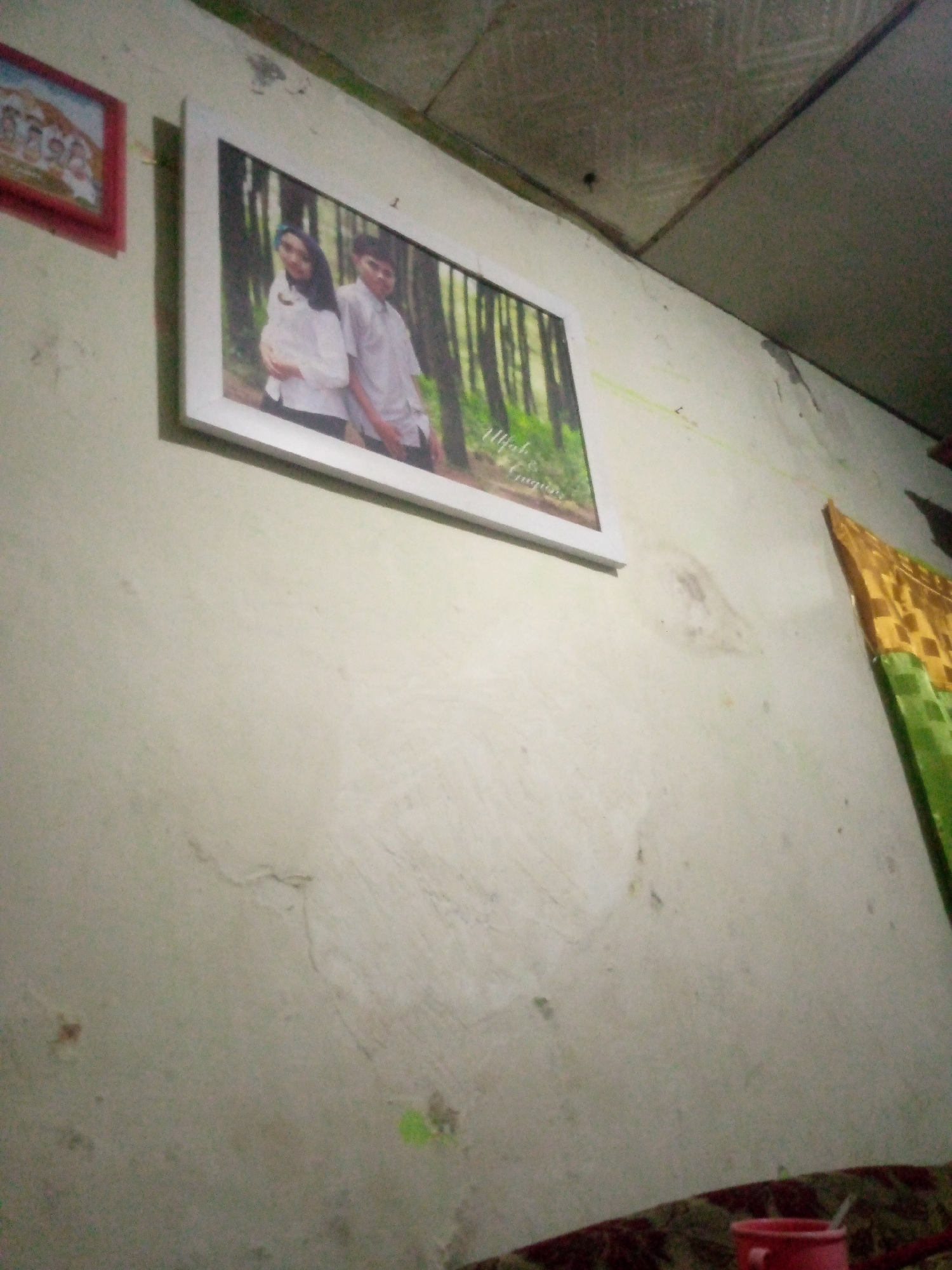 A framed photograph of a young couple is displayed on a textured, light-colored wall. The couple is standing side-by-side in what appears to be a forest setting. The woman is wearing a white top and a headscarf, while the man is in a white shirt. The photograph is horizontally oriented with a white border and a slim frame. To the left of this photograph, another smaller framed picture with a red border is visible, containing an image of several people. A section of a ceiling with visible panels and a patterned fabric, possibly a curtain or tapestry, is also present in the upper right portion of the image. The wall exhibits some imperfections and discoloration. The scene is likely an indoor domestic setting within a residential area of Laksanamekar, Indonesia.