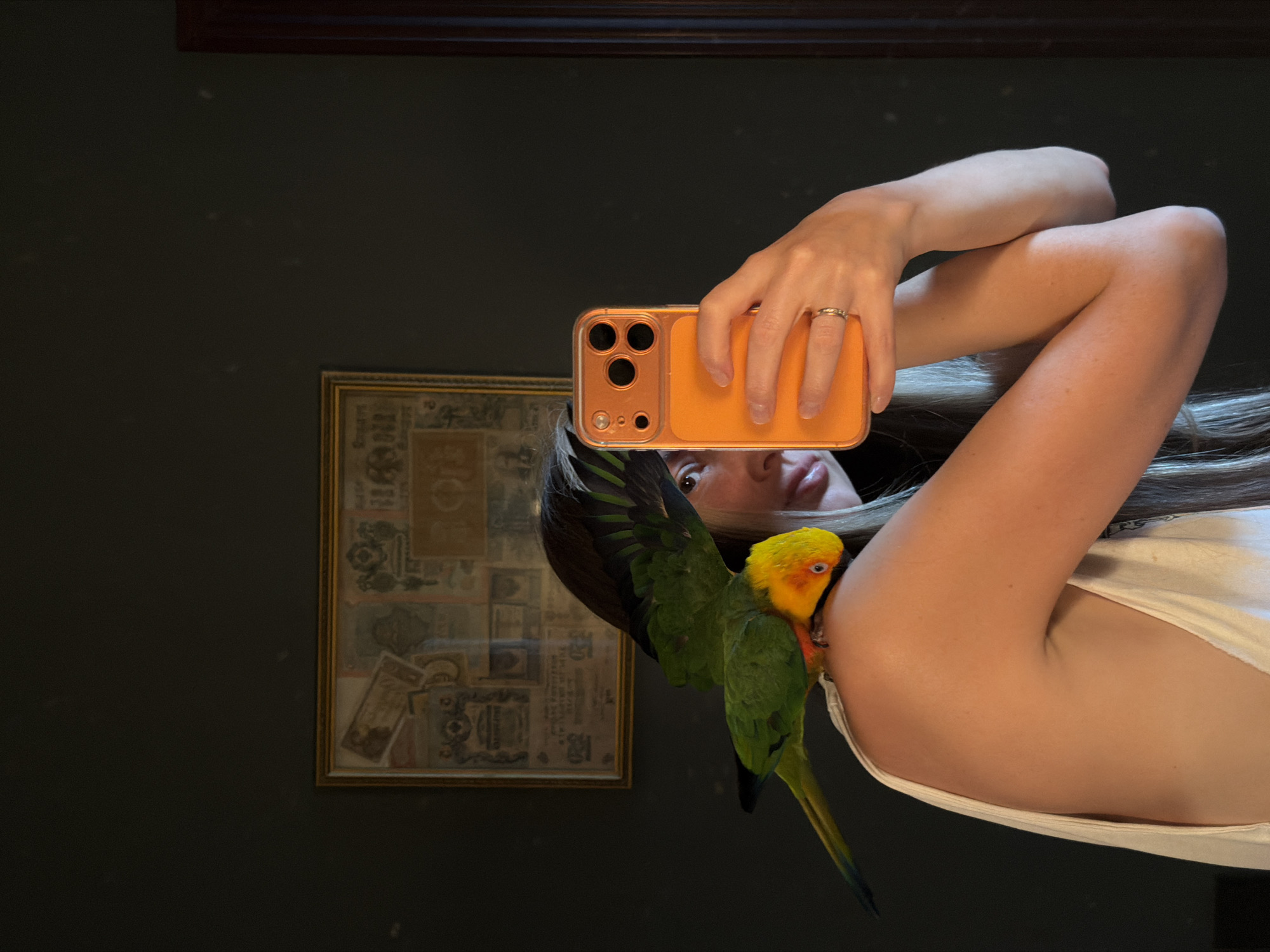 A person holds an orange phone with three lenses, taking a selfie in front of a dark green wall with a framed picture on it. A green and yellow parrot is perched on the person's shoulder. The location is unspecified and not necessarily in Khimki, Russia.