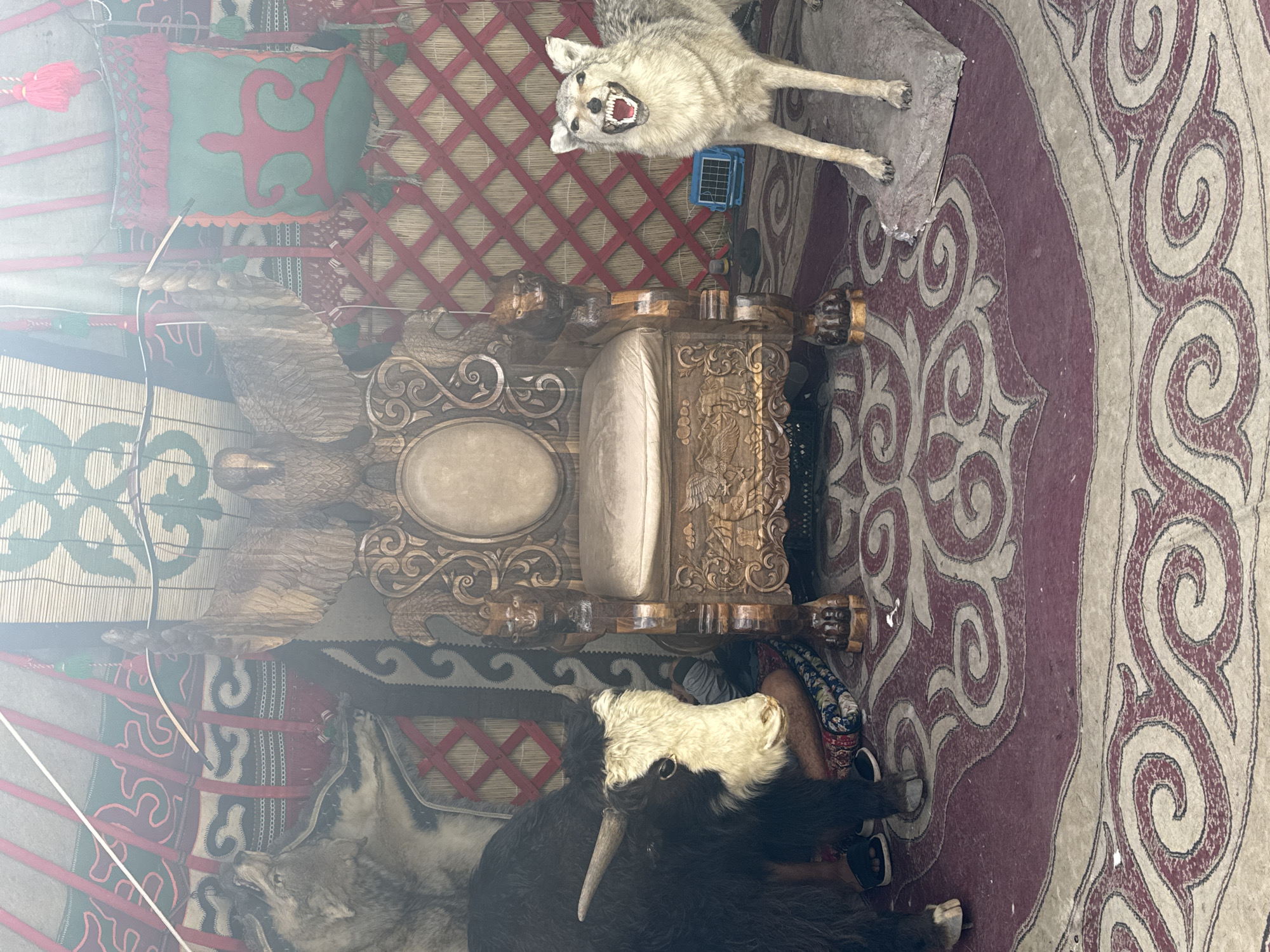 The image depicts the interior of a yurt, a traditional dwelling in Kyrgyzstan. The scene is set in a room with a large, ornate wooden chair as the centerpiece. Flanking the chair are taxidermied animals: a yak on the left and a wolf on the right. The yurt's interior walls are adorned with traditional patterns and textiles. A large patterned rug covers the floor. In the background, more decorative elements, including a wooden eagle sculpture, are visible. The lighting suggests it is daytime, with a bright light source casting a haze over the scene, possibly due to dust or sunlight filtering through. The overall impression is one of a cultural display, showcasing traditional Kyrgyz elements and wildlife.