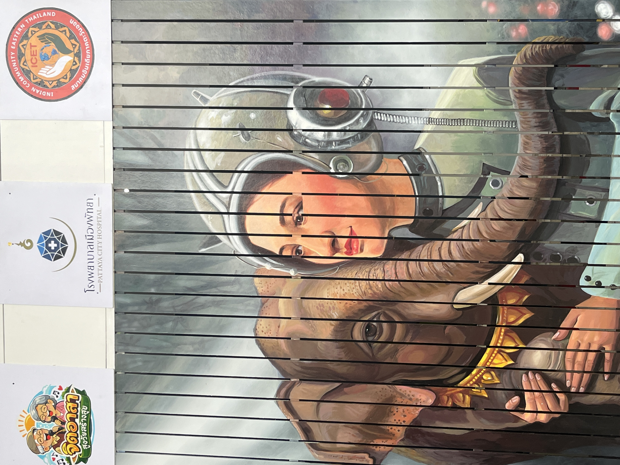 The image shows a mural behind horizontal slats. The mural depicts a woman in a space helmet hugging an elephant, with her hands holding the elephant's tusk. To the left of the mural, three logos are stacked vertically. From top to bottom, the logos are for "Indian Community Eastern Thailand ICET," "โรงพยาบาลเมืองพัทยา - PATTAYA CITY HOSPITAL" (Pattaya City Hospital), and a cartoon-style logo with Thai script, reading "จิตอาสา สูงวัยสร้างสุข." The location is in Pattaya City, Thailand.