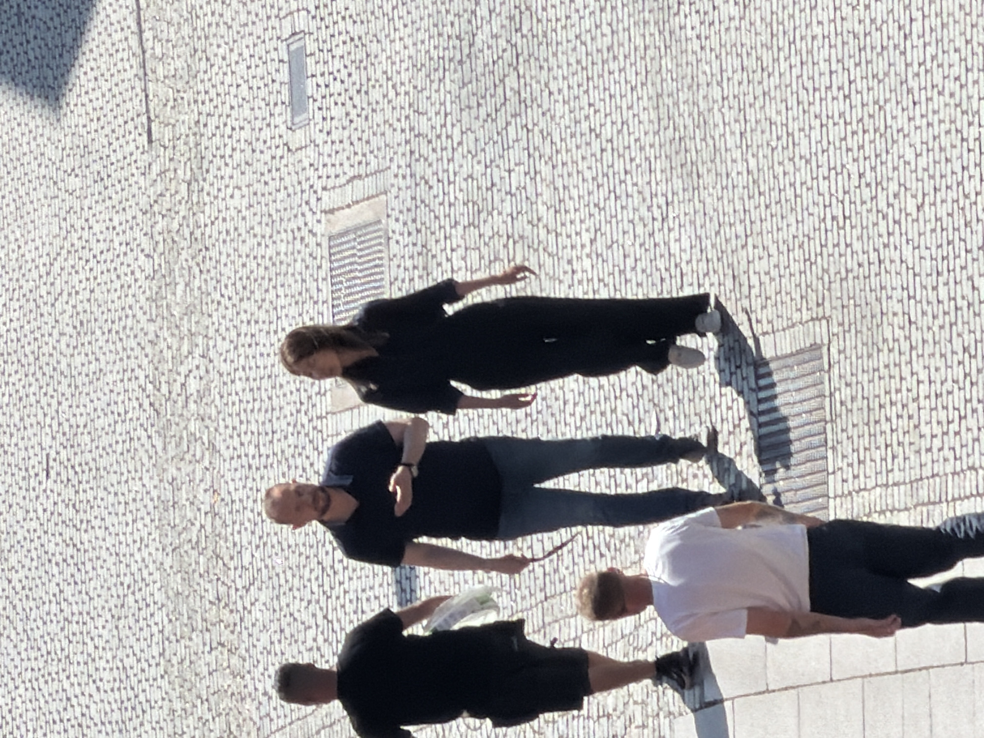In Malmö, Sweden, on a bright, sunny day, four individuals are walking on a cobblestone street. The scene appears to be a public square or walkway.
In the foreground, a person wearing a white t-shirt and dark pants walks away from the camera. Behind them, a man in a dark blue, collared shirt and blue jeans walks towards the camera, holding a red leash in his left hand. Next to him, a woman in a black jumpsuit walks towards the camera, her right hand extended slightly. To the far left, a person in a black t-shirt and dark shorts walks away from the camera, carrying a white plastic bag in their left hand.
The cobblestone pavement is laid in a regular pattern, and shadows are cast by the individuals, indicating strong sunlight. In the background, a rectangular grate is visible on the pavement. The overall impression is of a casual stroll through an urban environment.