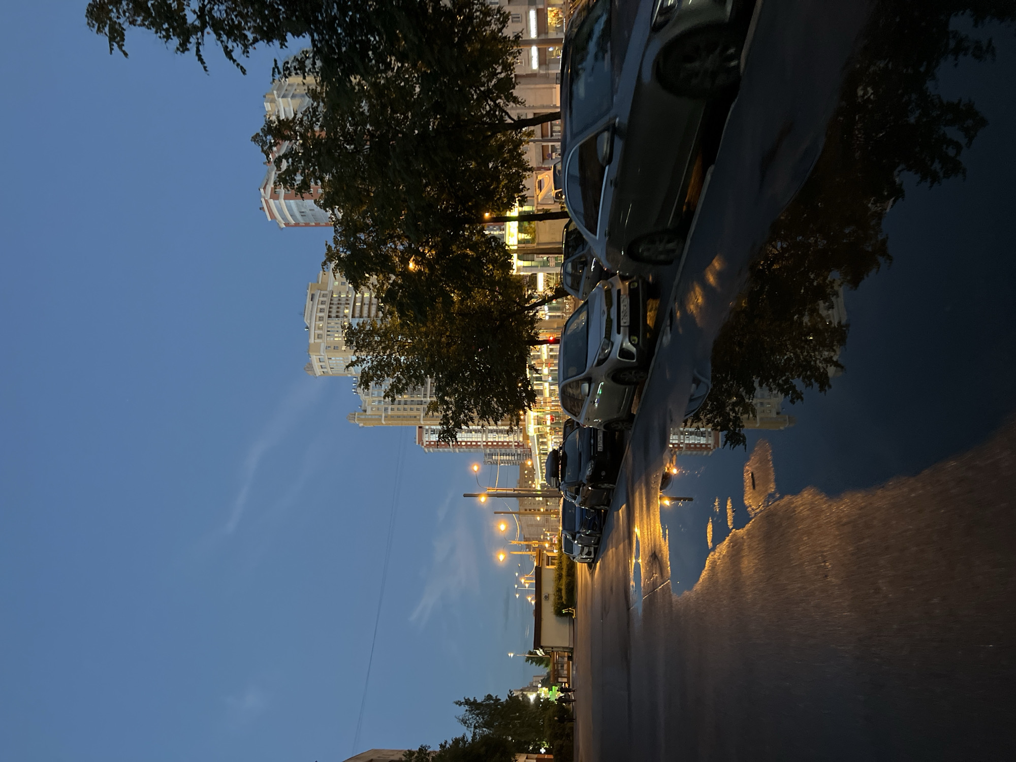 This is a vertical, eye-level, medium shot of a street in the city of Sinyavino, Russia, during twilight. The sky is a deep blue with faint wispy clouds. In the foreground, a wet asphalt street reflects the orange glow of streetlights and the lights from buildings. Several cars are parked along the right side of the street. The first car, a silver sedan, is in focus and shows its license plate, which reads "E317KM 178". Behind it are several other cars, including a dark SUV with a roof rack, a black sedan, and a silver hatchback. Trees line the street, with their leaves appearing dark against the evening sky. In the background, tall residential buildings with illuminated windows are visible. The overall atmosphere is calm and urban.