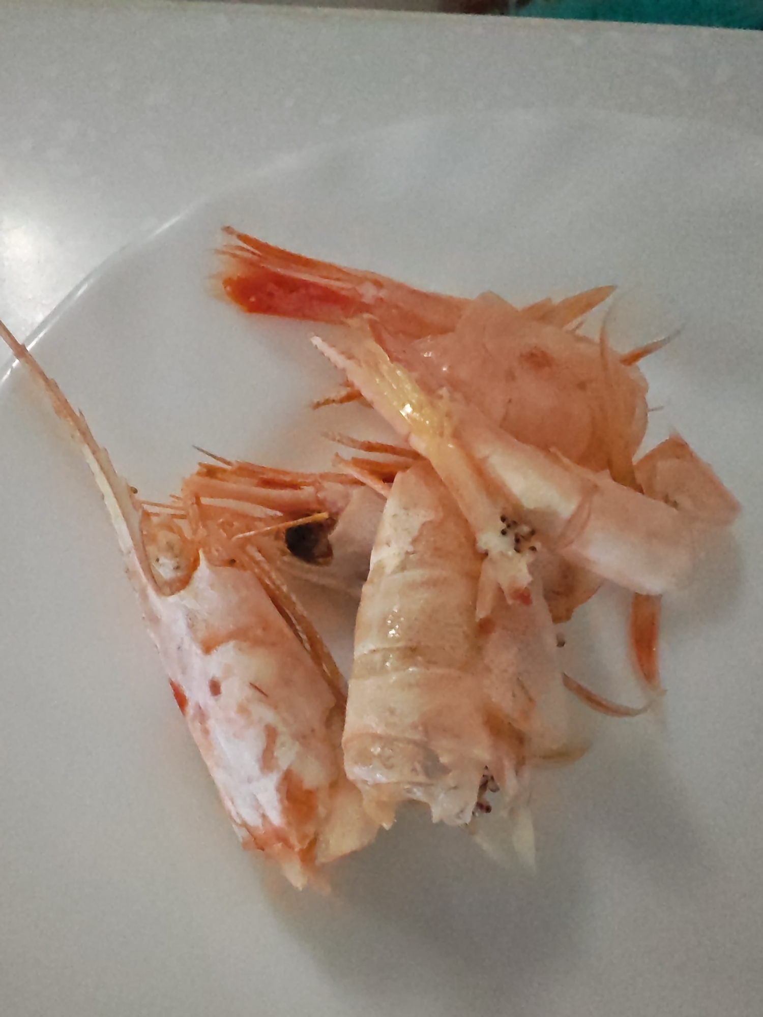 The image displays a close-up view of several cooked shrimp shells on a white plate. The shells are predominantly orange and pinkish-white, with some darker markings visible. They are arranged in a pile, with parts of the shrimp still attached to some of the shells. The plate is placed on a light-colored surface, possibly a countertop or table, which appears to be in an indoor setting. There is no indication of the specific location within Vladivostok, Russia, as the image focuses solely on the food item and its immediate surroundings.