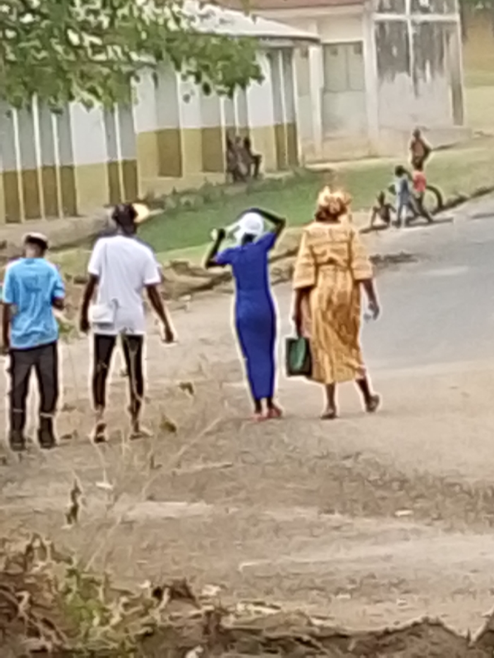 The image depicts an outdoor daytime scene, likely on an unpaved road or path, with several individuals and buildings in the background. In the immediate foreground, four people are walking away from the camera.
On the far left, a person wearing a light blue short-sleeved shirt and dark pants is visible. Next to them, a second person is wearing a white short-sleeved shirt, dark pants or shorts, and a light-colored bag slung across their body. The third individual from the left is a woman dressed in a form-fitting, royal blue long-sleeved garment, possibly a dress or a top and pants. She is wearing a white hat or head covering, and her hands are raised towards her head, suggesting she might be adjusting the hat or shielding her face from the sun. The fourth person on the right is a woman wearing a long, flowing, light golden or tan-colored dress or robe with a matching headwrap. She carries a dark green bag in her left hand.
The ground beneath them appears to be a dry, earthen path. In the mid-ground on the right side of the image, a group of several smaller figures, likely children, are visible. Some are standing, others are seated or crouching, and one is near a bicycle, suggesting they are playing or interacting.
In the background, there is a building characterized by vertical stripes or panels, alternating between white and a muted yellow or light brown color. Some green foliage and trees are visible in the upper left portion of the image and scattered around the scene. The lighting indicates it is daytime. Due to the image's blurriness, specific facial features or fine details are not discernible. No text is visible in the image.