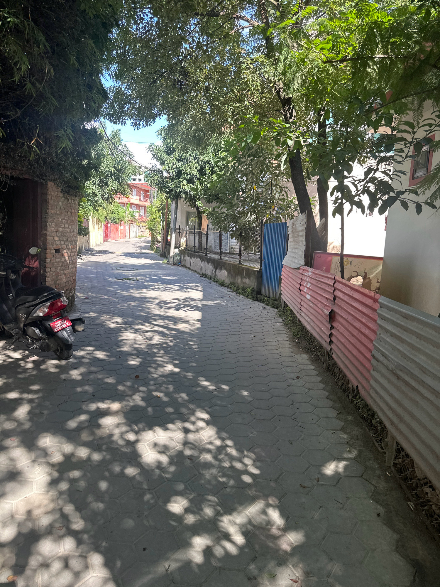 The image depicts a narrow, paved alleyway in Lalitpur, Nepal, bathed in sunlight that casts dappled shadows from overhanging trees onto the hexagonal stone pavement. On the left, a dark-colored motorcycle is parked next to a brick wall with a dark wooden door. The alley extends into the distance, where a few buildings with red facades are visible. The right side of the alley is bordered by a corrugated metal fence, partially painted red and gray, and a low concrete wall. Trees with lush green foliage line the alley, suggesting a residential or semi-urban environment. The sky is clear and blue.