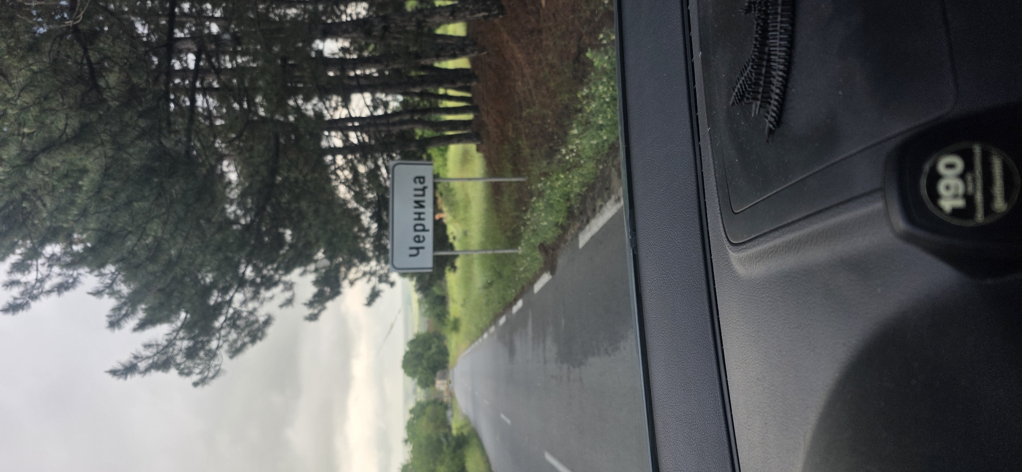 A low-angle, medium shot taken from inside a vehicle shows a wet asphalt road leading into the distance and a road sign for the village of Chernitsa, Bulgaria. The sign is white with the village name in Cyrillic script. Pine trees line the side of the road adjacent to the sign, while the other side of the road has green vegetation. The sky is overcast and gray. The vehicle's interior is visible in the foreground on the right, including part of the dashboard and a 190-unit symbol.