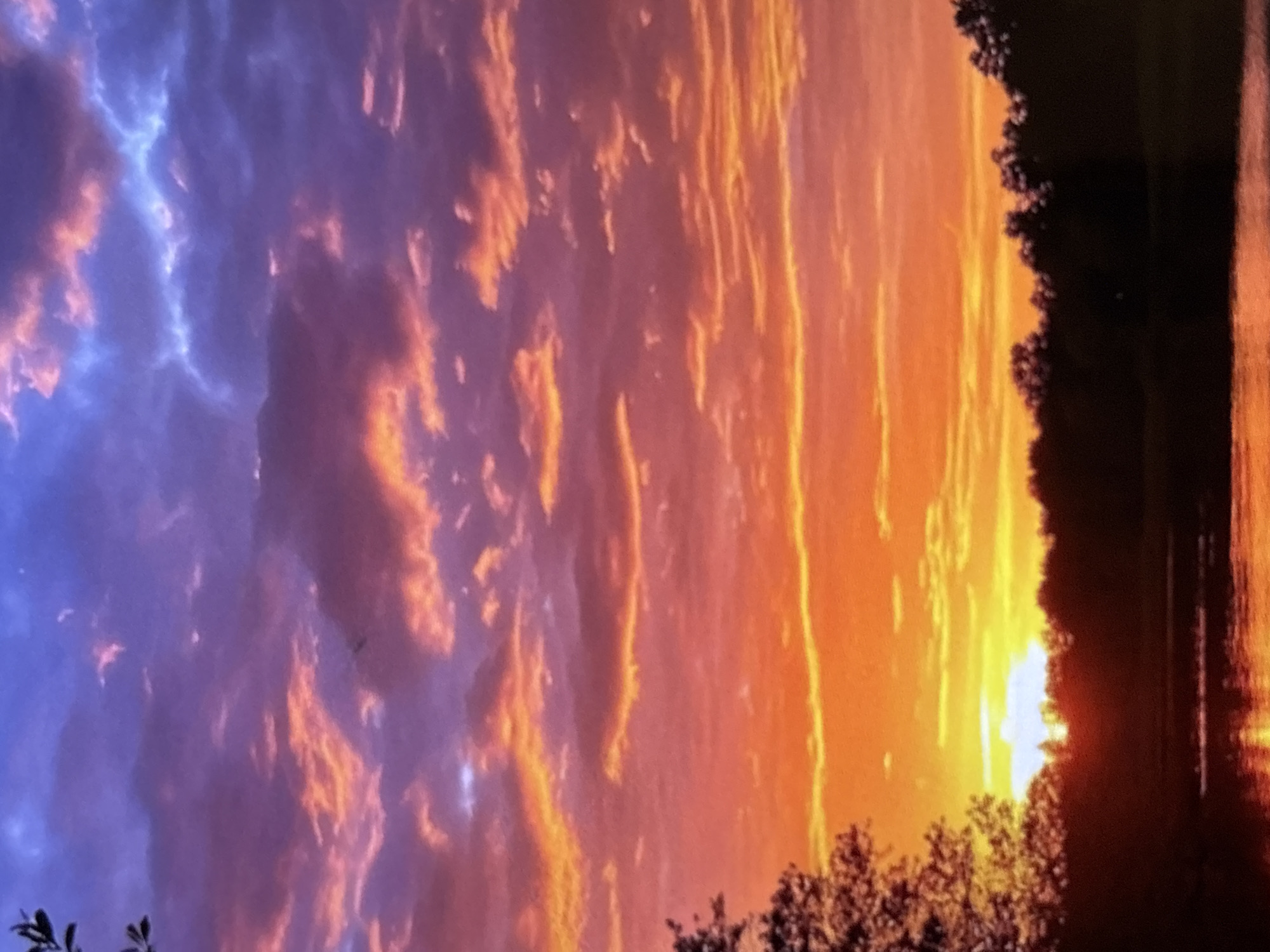 The image shows a vibrant sunset over a body of water, likely a lake or river. The sky is a mix of purple, pink, and orange hues, with streaks of light illuminating the clouds. A treeline can be seen along the water's edge, silhouetted against the bright sun. The sun is setting low on the horizon, casting a reflection on the water.
Specific location in Belopoptsi, Bulgaria, cannot be determined from the image.