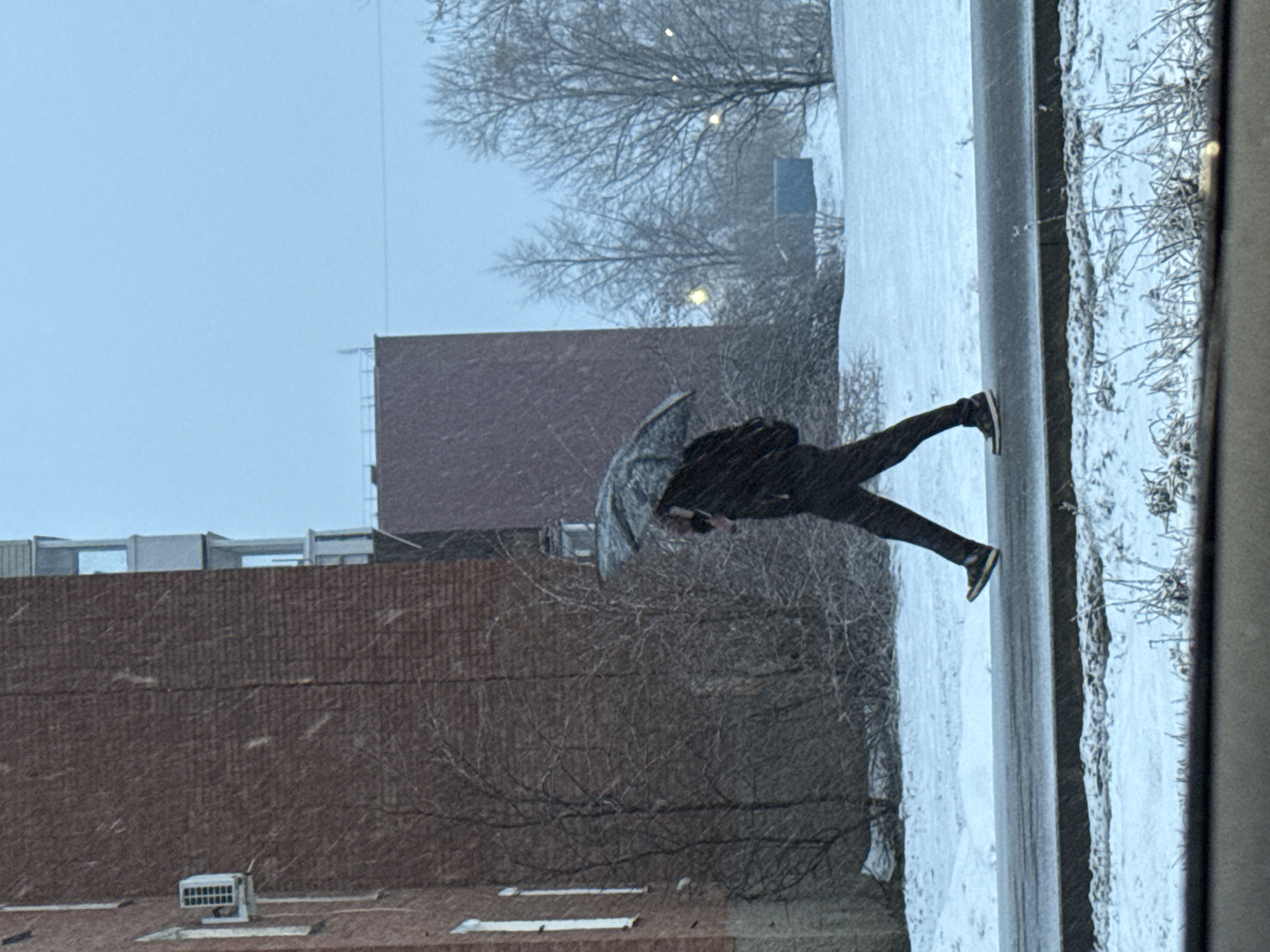 The photograph depicts a person walking with an umbrella in snowy conditions near buildings in Votkinsk, Russia. The ground and sidewalk are covered in snow. The buildings are brick and modern. The person is dressed in dark clothing and appears to be moving against the wind. Bare trees are visible in the background. Snowflakes are visible in the air.