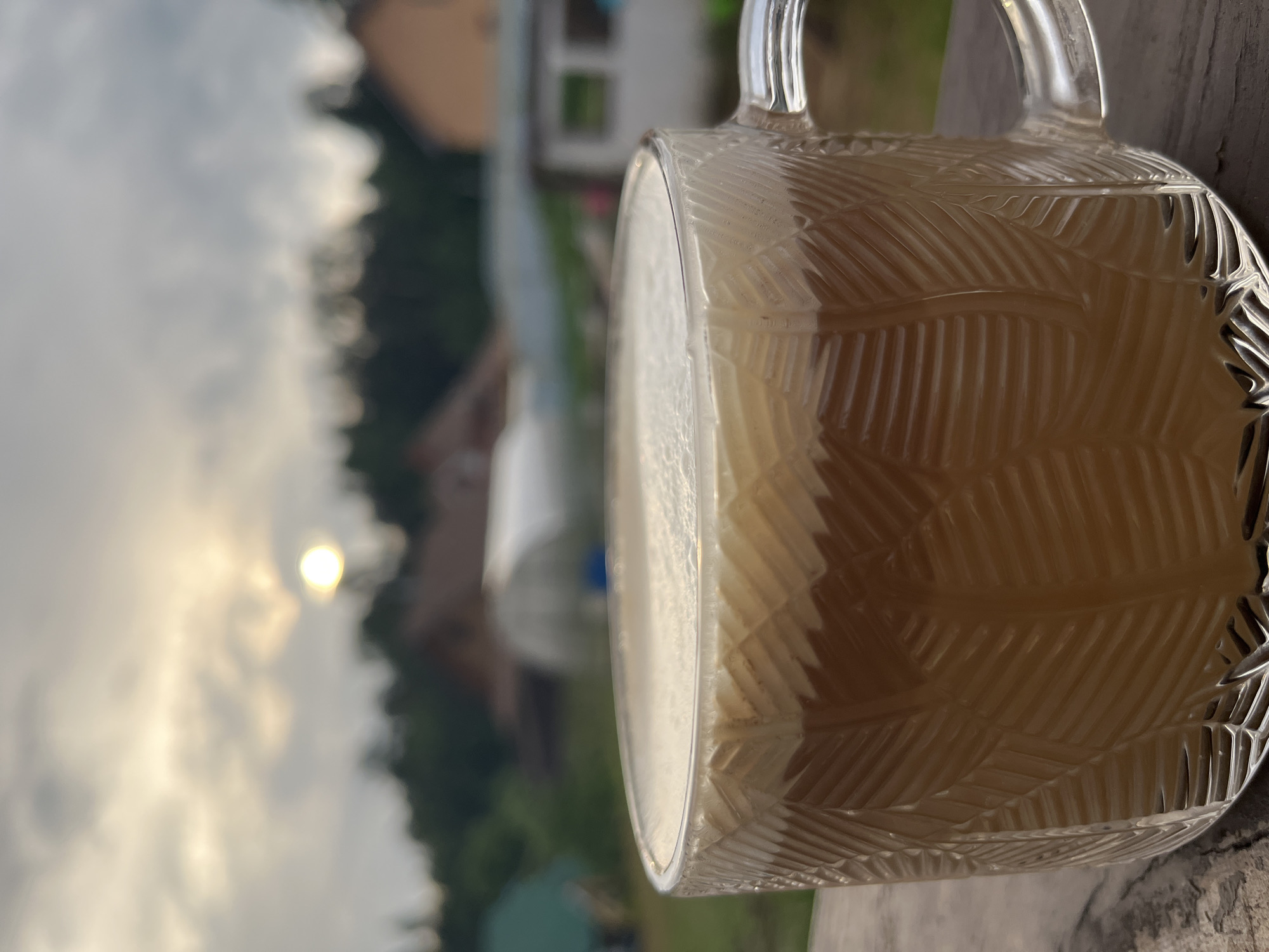 An outdoor close-up shot features a clear glass mug, patterned with a repeating leaf-like design, filled with a light brown, possibly milky, beverage. The mug rests on a textured wooden surface, visible in the foreground. The liquid inside shows a slight frothy layer on its surface.
In the blurred background, a cloudy sky dominates, with the sun partially visible as a bright, circular disc peeking through the clouds, indicating either sunrise or sunset. Distant dark green trees line the horizon, and indistinct shapes of buildings or structures are also visible through the atmospheric haze. The overall impression is one of a peaceful, contemplative moment outdoors under a softly lit, overcast sky. There is no visible text. The setting is consistent with an outdoor location in Chaikovsky, Russia.