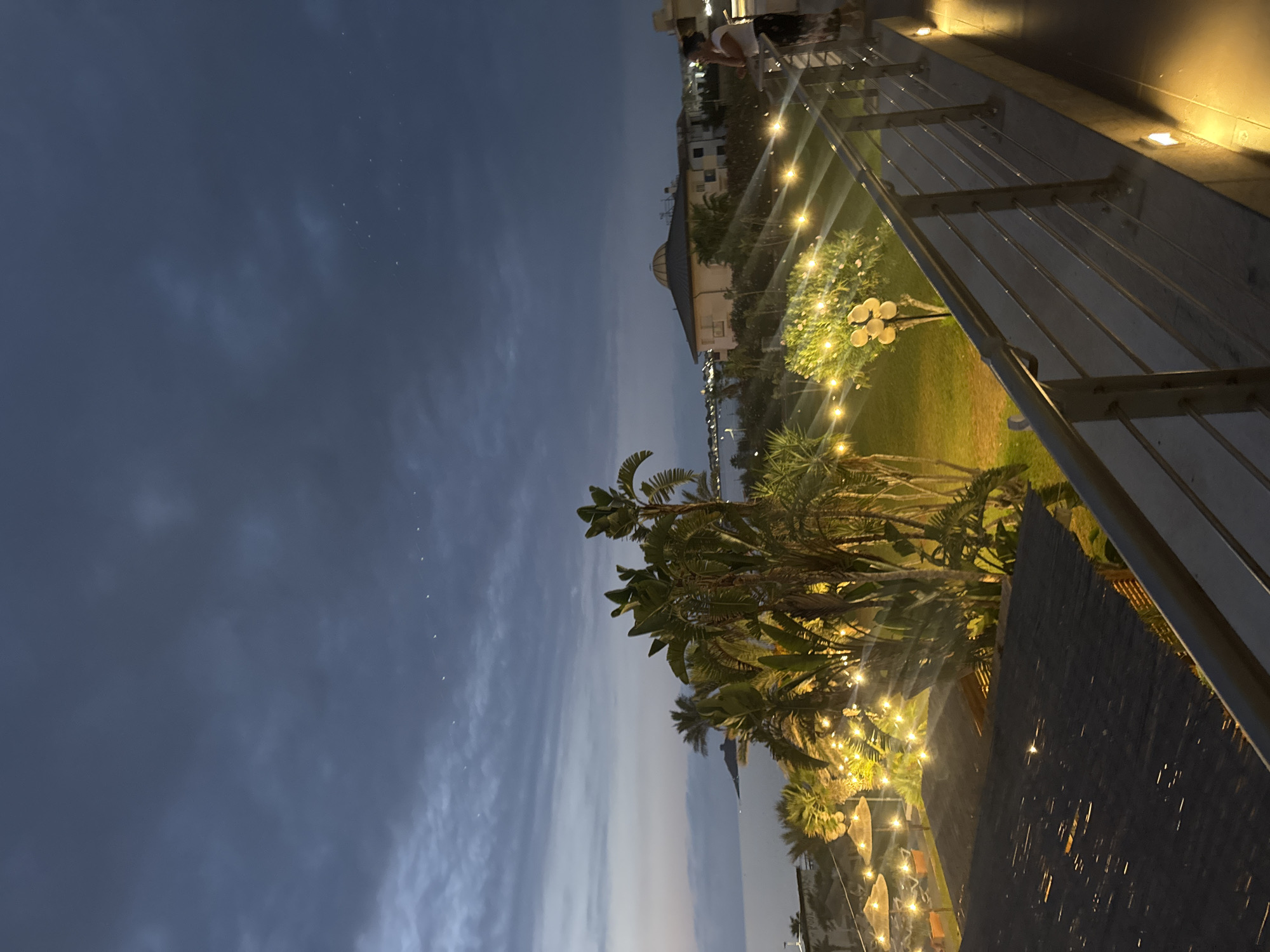 The image depicts an outdoor balcony view at dusk overlooking the city of Capaci, Italy. A railing with horizontal bars runs along the right side of the foreground. Beyond the railing, a well-lit lawn is visible, adorned with string lights and scattered trees, some of which are illuminated. In the middle ground, several palm trees stand tall, casting shadows. In the background, there are buildings, including one with a domed roof, and a body of water, likely the sea, with a distant island or peninsula in the water. The sky is dark and cloudy, with a few faint lights visible in the distance. A woman is standing on the balcony, leaning on the railing and looking out towards the view.