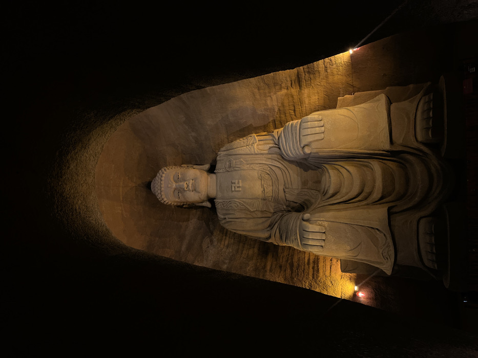 A colossal stone Buddha statue, carved directly into a natural rock face, is presented head-on within a deep grotto. The statue is seated, with its hands resting in its lap, and features a serene expression, coiled hair, and elongated earlobes. A left-facing swastika symbol is prominently carved on the center of its chest. Warm, artificial light sources positioned at the base and sides illuminate the statue, highlighting its features and the textured details of its robes, while the surrounding cavern walls recede into deep shadow above and to the sides. The rock walls exhibit a rough, stratified texture. No other individuals or objects are discernible in the scene. This immense sculpture is the Leshan Giant Buddha, located in the Shizhong District of Leshan, Sichuan Province, China.