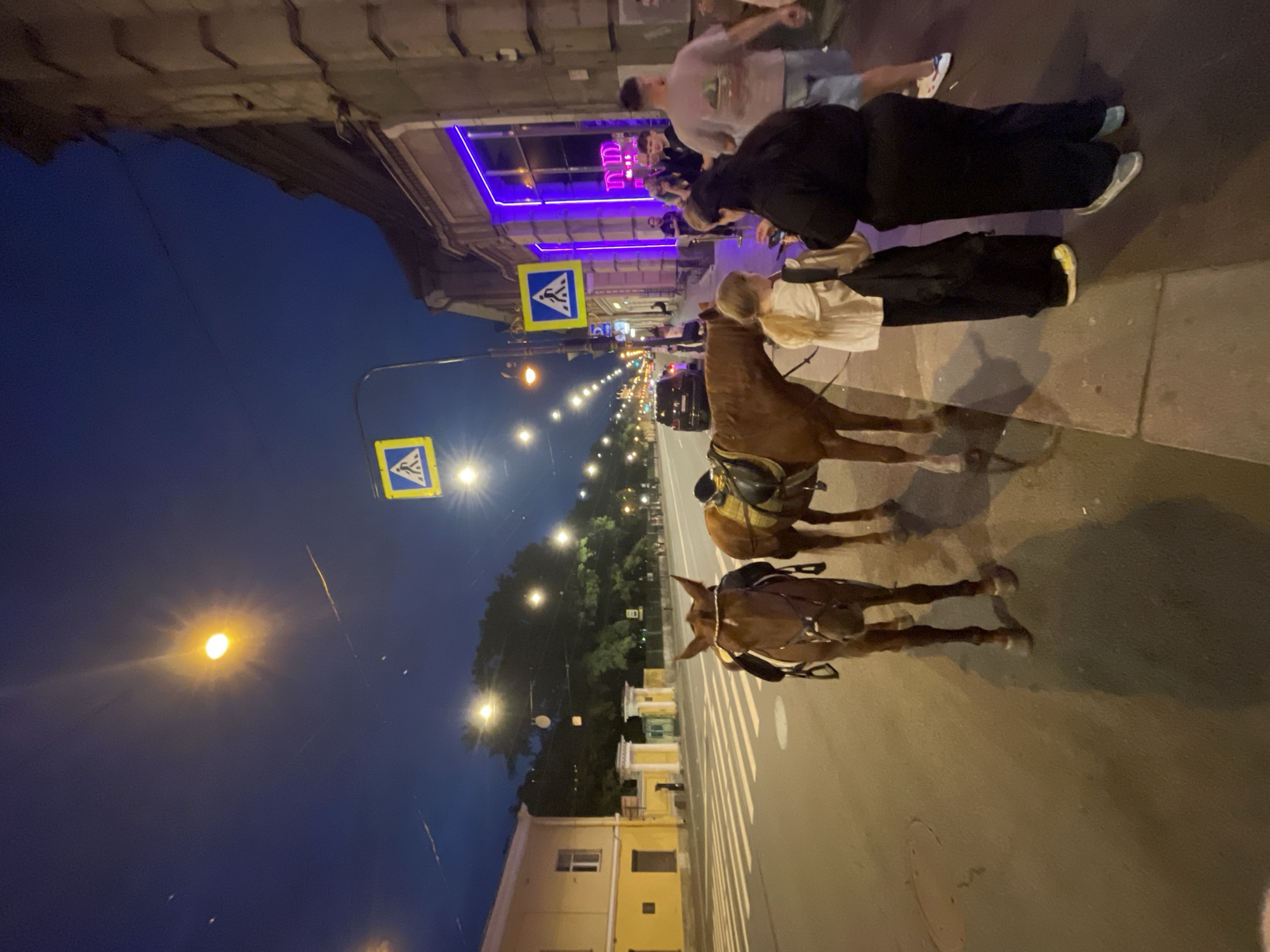 Two horses, saddled and ready for a ride, stand on a street in Saint Petersburg, Russia at dusk. The horses are brown and appear to be calm. They are positioned on the right side of the street, near the sidewalk.
Several people are visible on the sidewalk. A young girl in a white shirt and dark pants stands close to one of the horses, possibly interacting with it. Next to her, a person in a black outfit also appears to be engaged with the horse. Further down the sidewalk, a group of people are gathered, some looking towards the horses, others in conversation. One man, wearing a grey t-shirt and shorts, is walking away from the camera.
The street is paved, with a crosswalk clearly marked by white stripes. Pedestrian crossing signs are visible on lampposts. On the left side of the street, a yellow building with white trim stands alongside a yellow fence. In the background, streetlights illuminate the scene, and the sky is a deep blue, indicating twilight. The architecture of the buildings suggests a historic European city. The overall atmosphere is one of a mild evening in an urban setting.