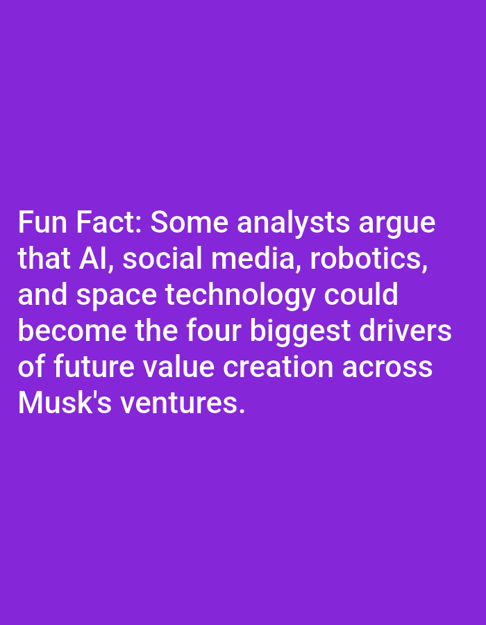 The image contains white text on a purple background. The text reads: "Fun Fact: Some analysts argue that AI, social media, robotics, and space technology could become the four biggest drivers of future value creation across Musk's ventures." There is no discernible city, location, or specific scene depicted in the image.