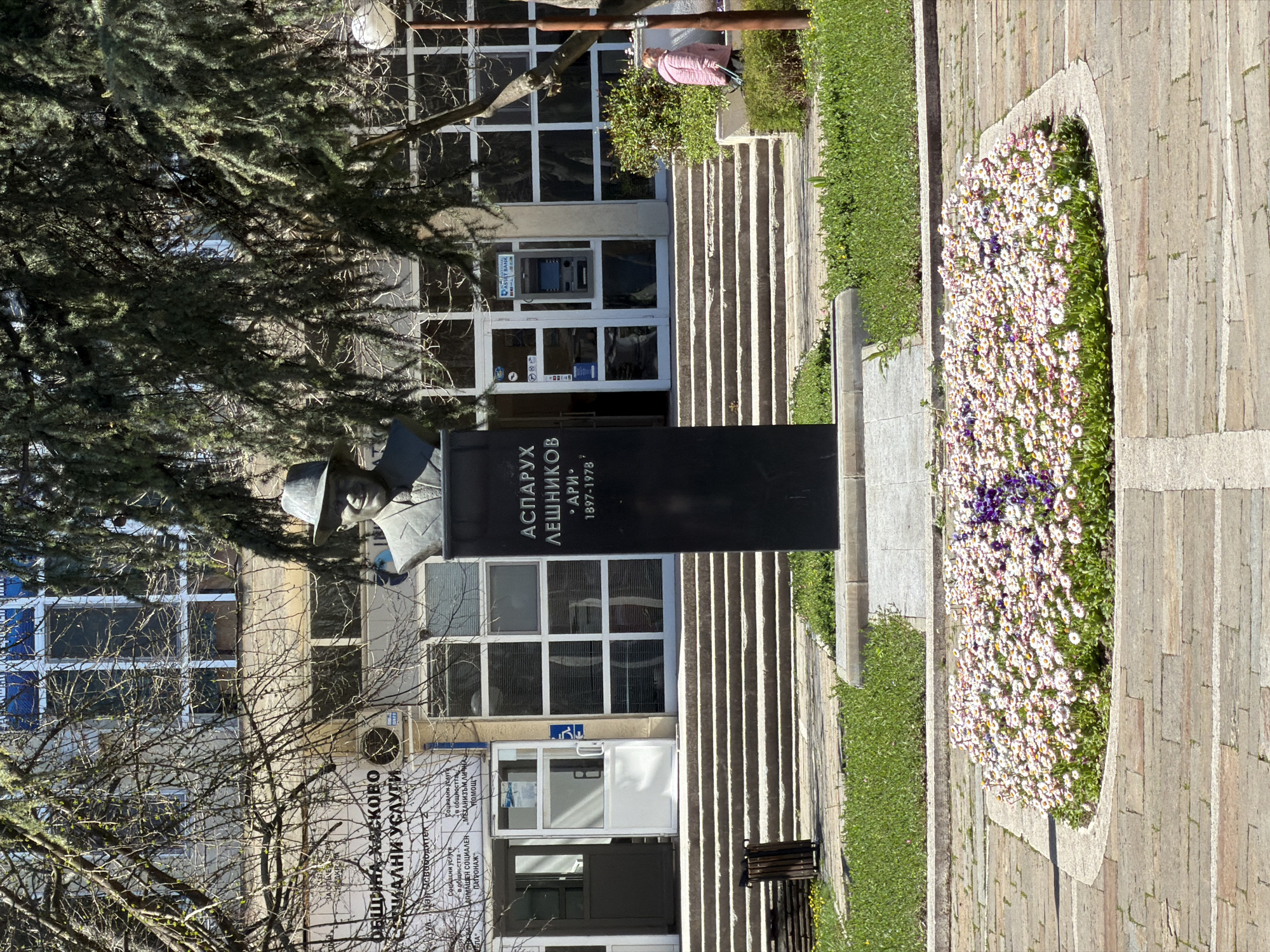 The image shows a monument to Asparuh Leshnikov, an architect, in Haskovo, Bulgaria. The monument consists of a bust on top of a dark-colored rectangular column with his name and dates (1897-1978) inscribed on it. The monument is located on a stone-paved walkway next to a flowerbed of daisies and other vegetation. Behind the monument is a building with multiple windows, some covered with white bars. A person in a pink coat is near the building entrance, which has stairs leading up to it. There are bare trees and the branches of a green coniferous tree in the foreground. Signs on the building behind the monument suggest that it provides social services. An ATM is located at the entrance to the building.