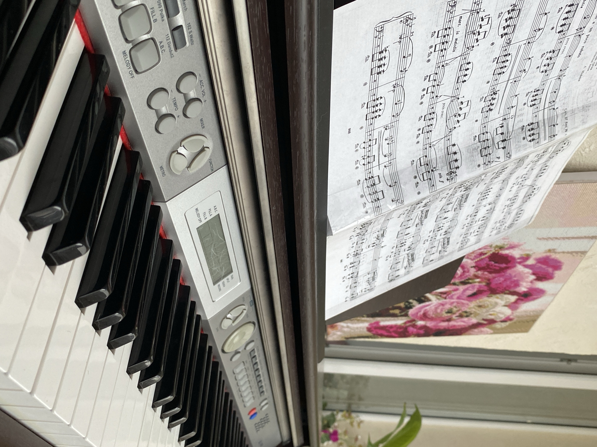 The image shows a close-up of a digital piano with sheet music placed on the music stand. The piano keys are visible, with a portion of the control panel displaying buttons for tempo, melody, and various functions. The sheet music appears to be a classical piece, with notes, clef symbols, and dynamics markings. The background includes a window with a floral decoration.