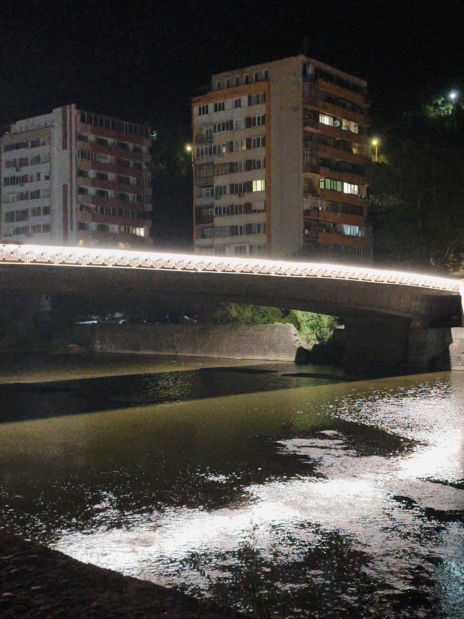 A nighttime, medium-angle, eye-level shot captures a bridge adorned with decorative lights spanning a body of water in Lovech, Bulgaria. The bridge, made of concrete, is illuminated by a continuous line of warm, white lights that form a patterned border along its top edge. Beneath the bridge, the dark water reflects the lights in shimmering patterns. On the left side of the image, two multi-story apartment buildings stand tall, their windows emitting a soft, yellow glow, indicating occupancy. The building on the left has a white facade with vertical red stripes, while the building on the right is a reddish-brown color. Trees and foliage are visible behind the buildings and under the bridge, adding a touch of nature to the urban scene. The overall atmosphere is serene and peaceful, with the artificial lights creating a romantic ambiance.