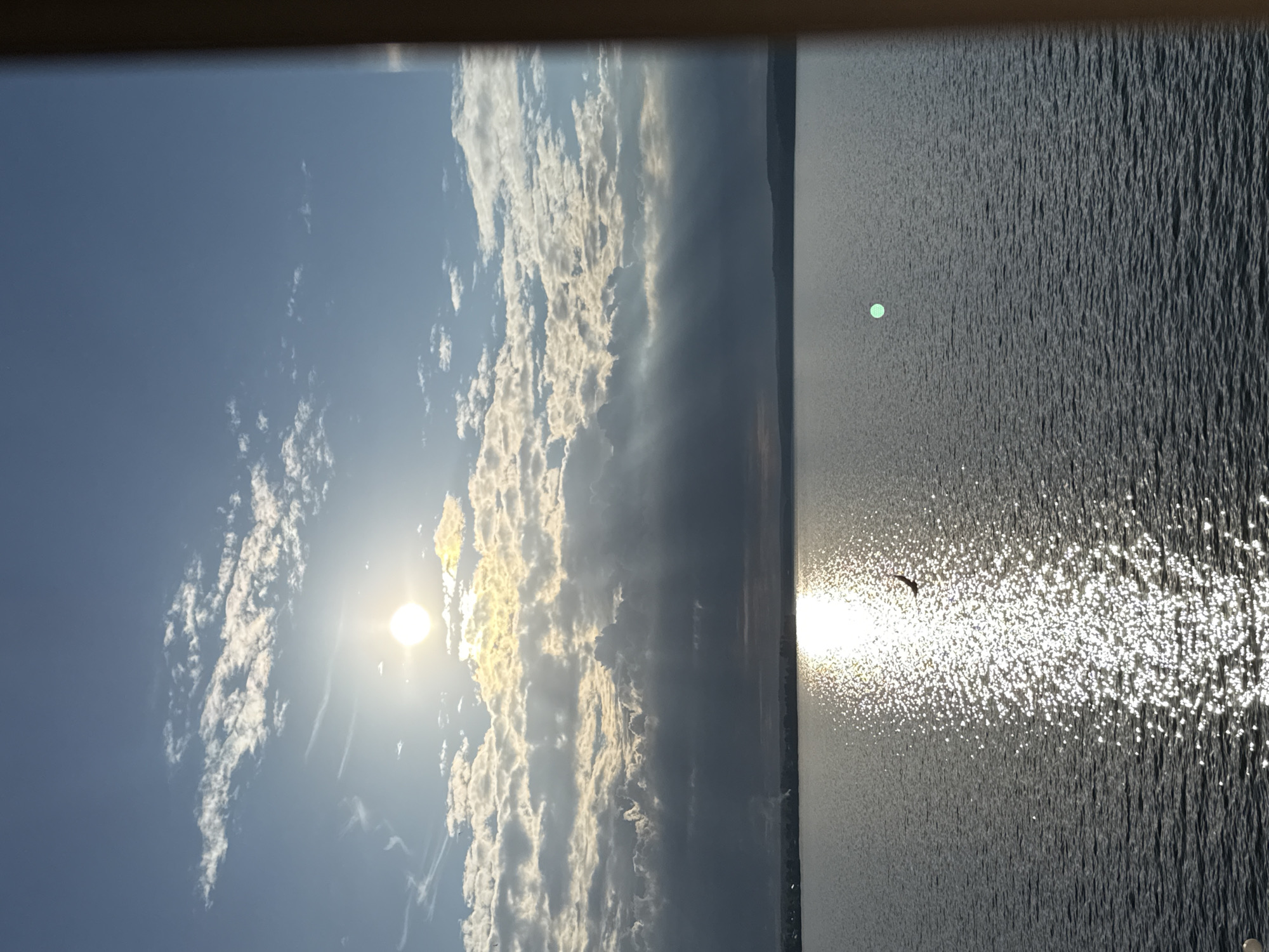 The image depicts a serene natural scene at the Votkinsk Reservoir in Votkinsk, Russia. The sun is partially obscured by a dramatic sky filled with a mix of bright, wispy clouds and darker, denser formations. Sunlight streams through the clouds, creating visible rays and illuminating the water with a dazzling, shimmering reflection. The reservoir itself is vast and calm, with a gently rippled surface. A dark silhouette of a bird is visible in flight over the water, positioned within the brightest part of the sun's reflection. In the distance, a low-lying shoreline is visible, with a faint outline of trees and structures suggesting a town or settlement. The overall impression is one of natural beauty and tranquility, with the dynamic sky contrasting with the stillness of the water.