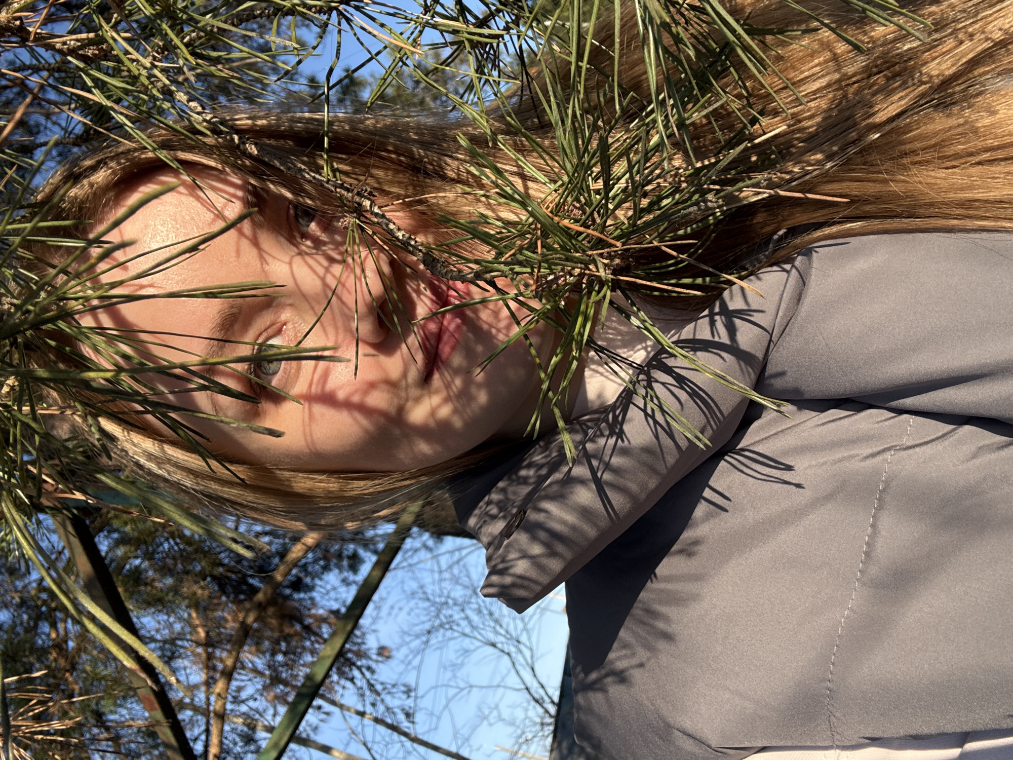 This close-up image, taken in Chaikovsky, Russia, features a young woman partially visible through a dense foreground of green pine needles. Her fair-skinned face, with visible eyes and part of her mouth, is framed by light brown or blonde hair. Bright sunlight illuminates her, casting intricate, dappled shadows from the pine needles across her forehead, cheeks, and a grey jacket she is wearing. The jacket shows prominent stitching details and is also covered in pine needle shadows. A sliver of a white garment is visible under her jacket. The background reveals a clear blue sky and the silhouettes of bare tree branches, suggesting an outdoor setting during a season when deciduous trees are leafless, possibly late autumn or winter. The image is captured from a low angle, looking upwards, and is oriented so the woman's head is tilted significantly, almost appearing upside down. Her expression is neutral, and the focus is on the interplay of light, shadow, and natural elements with her portrait. There is no visible text.