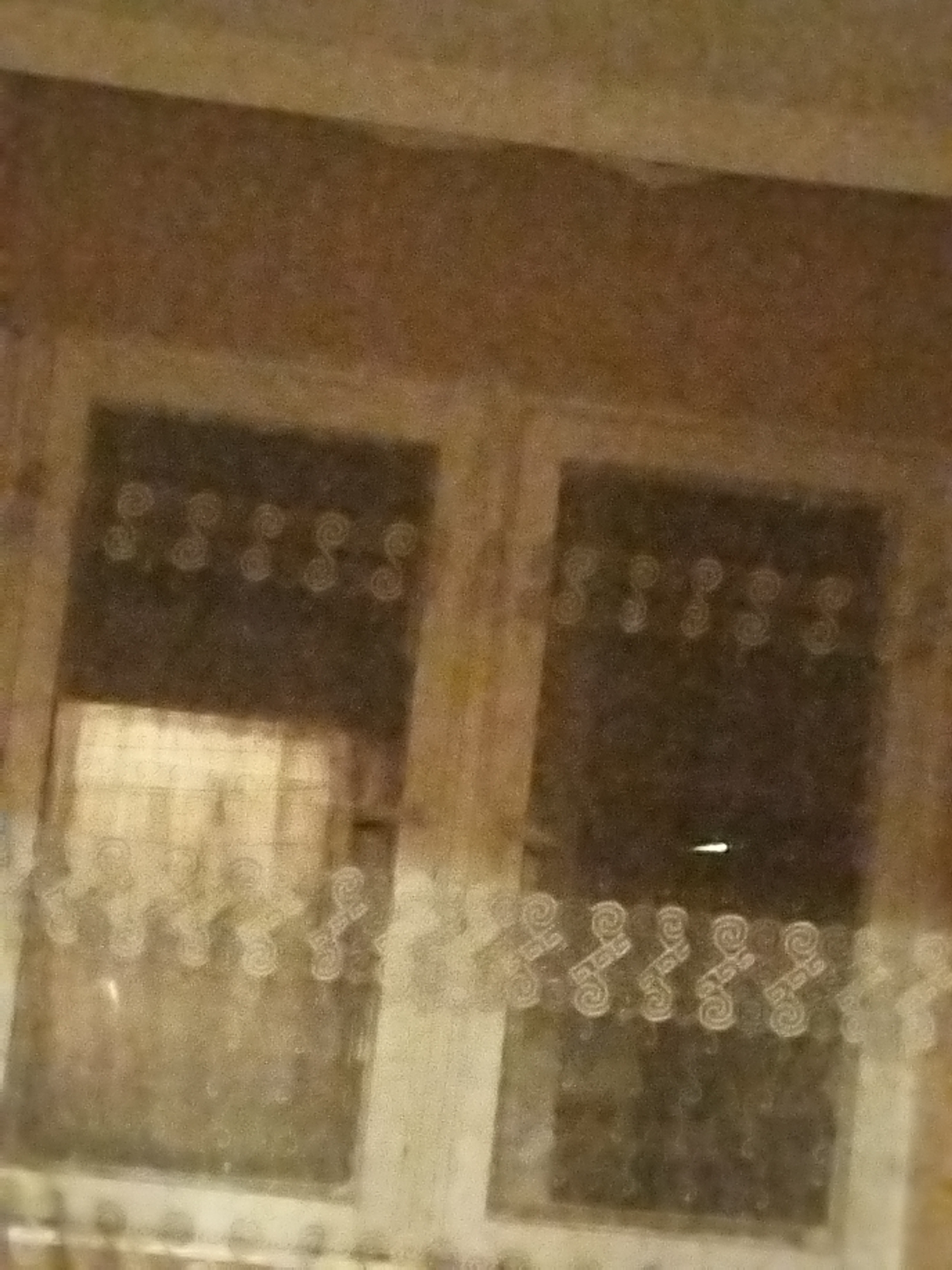 The image shows a dimly lit interior view through two windows covered with sheer curtains. The curtains have a repeating spiral pattern. The room beyond the windows is dark, with a faint light visible in the right window. The location is unknown.