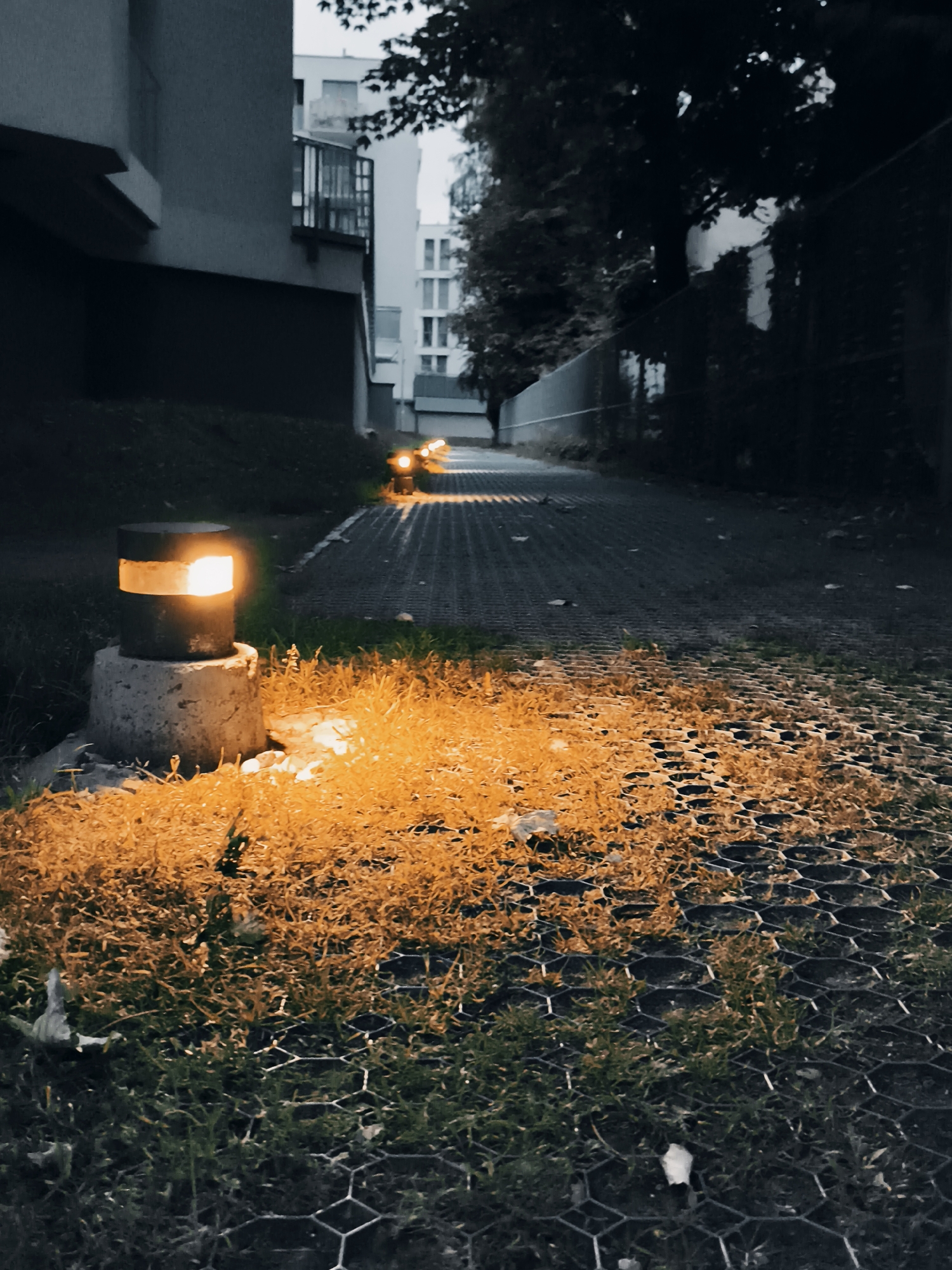 The image depicts a dimly lit pathway in an urban environment, likely in the city of Gdańsk, Poland, during twilight or at night. In the foreground, a low, cylindrical bollard light with a bright orange-yellow glow illuminates the surrounding dry grass and a hexagonal grid pattern on the ground. The light is mounted on a rough, concrete base.
The pathway, paved with dark material and featuring a grid pattern, recedes into the background, with several similar bollard lights visible further along, also emitting a warm glow. To the left of the pathway, a dark, modern building with balconies and windows is partially visible, casting a shadow over the grassy area. To the right, a dark fence line runs parallel to the path, with trees and foliage beyond it. The overall atmosphere is serene and the scene suggests a well-maintained outdoor space within a residential or public area. There are no people visible in the image.