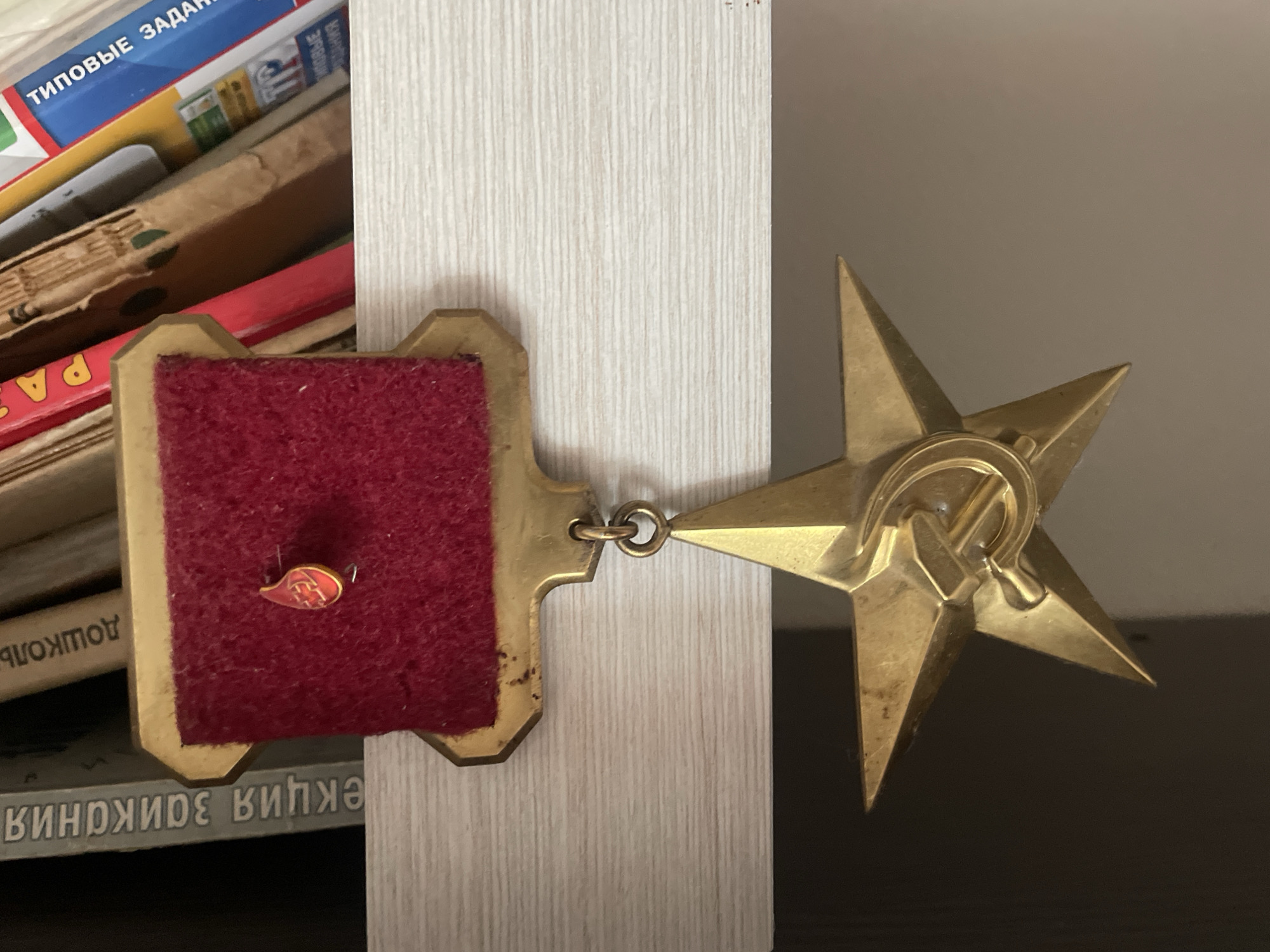 The image depicts a Soviet-era military medal. The medal is gold-colored and features a five-pointed star with a hammer and sickle emblem in the center. It is attached to a square-shaped mount covered in red felt. A small red pin is stuck into the felt. The objects are positioned against a light-colored wooden surface. Books are visible in the background. It is not possible to confirm that the location is Sochi, Russia.