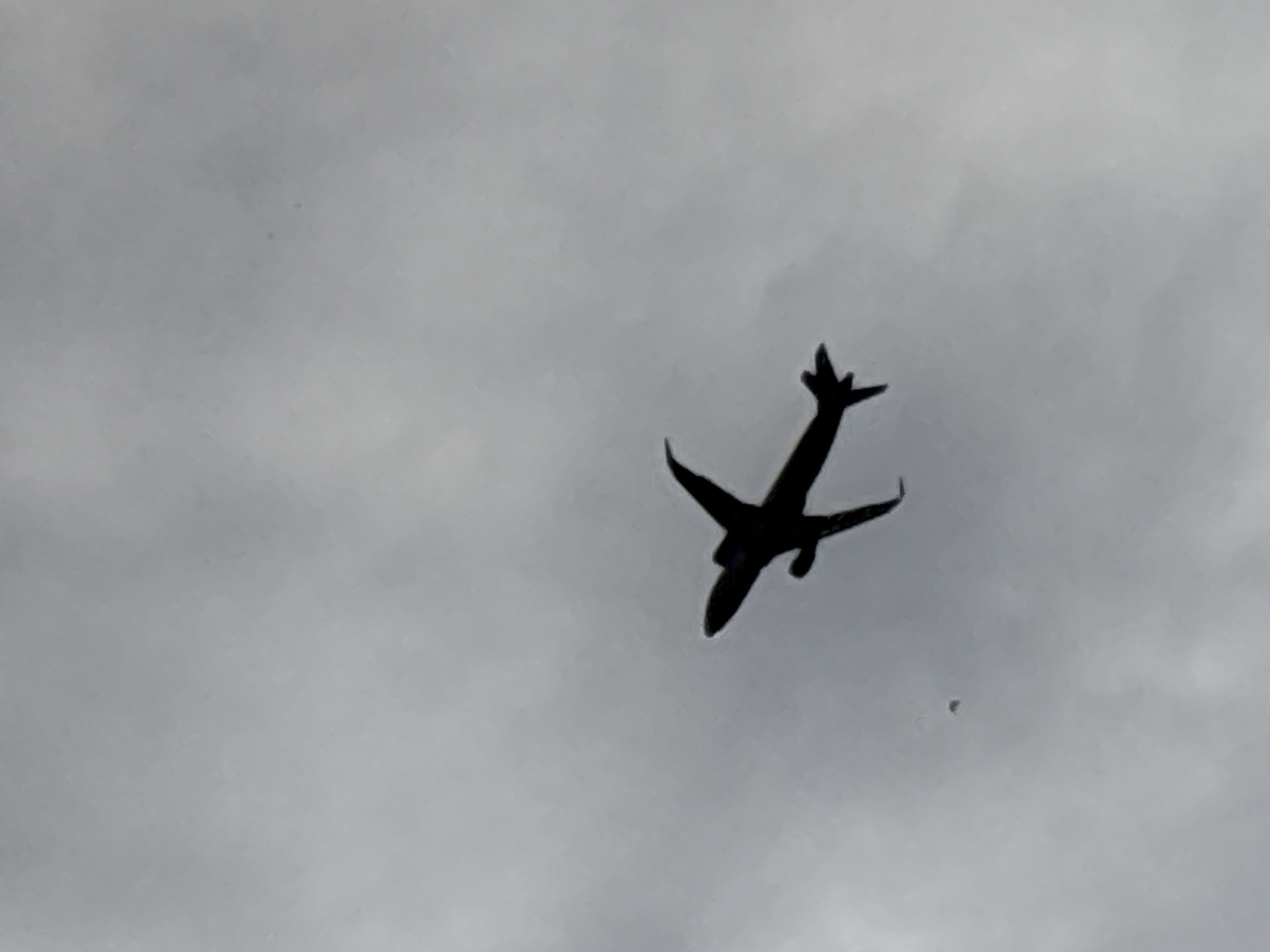 The image is a gray-scale, low-angle shot of a plane silhouetted against a cloudy sky. The plane is oriented with its nose pointing slightly upward and to the right, and its wings are angled upward. It is not possible to determine the location based on this image, nor can I assume it is in Perm, Russia.