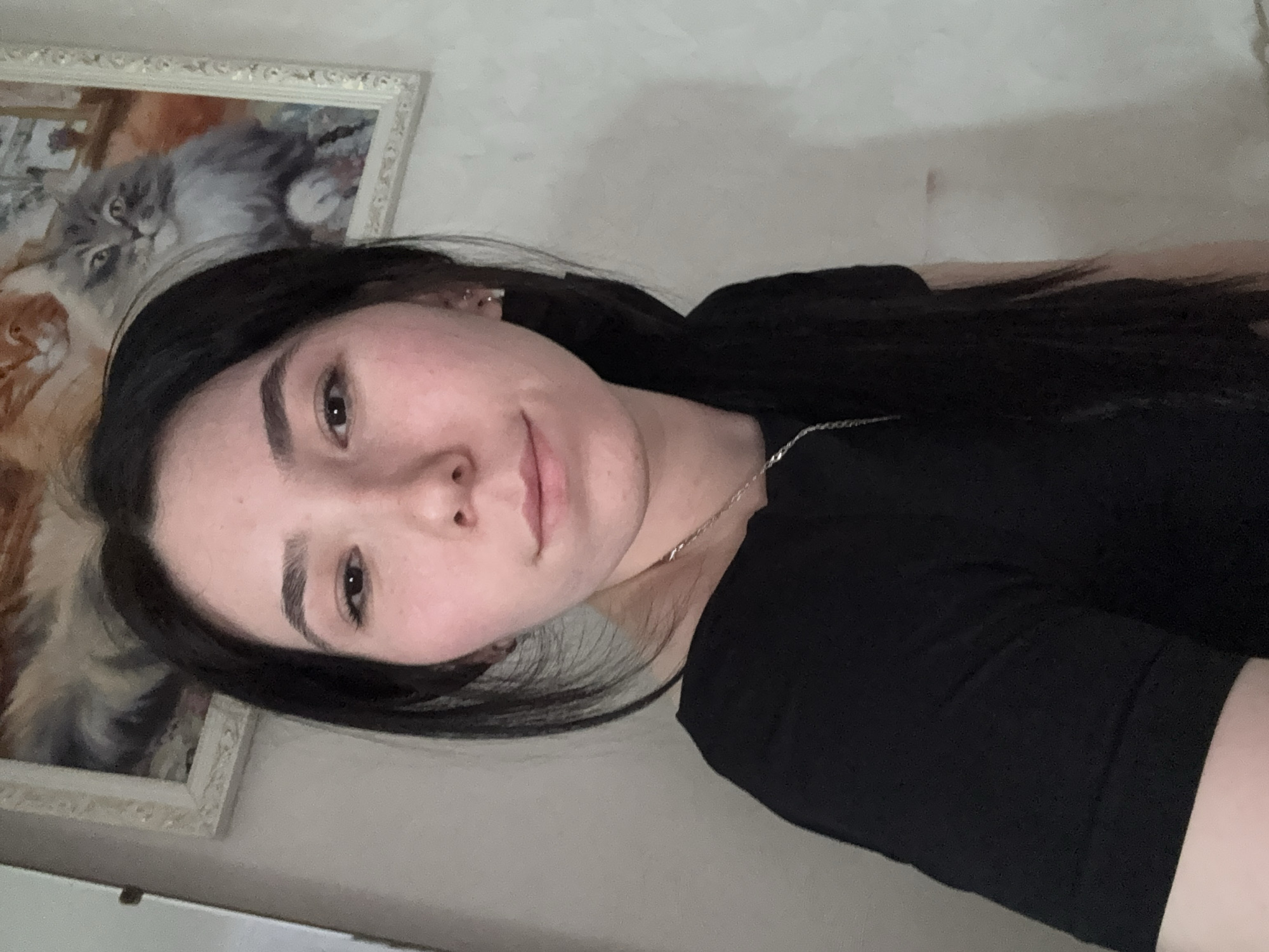 A woman with long, dark hair and fair skin is the central subject of this indoor photograph. She is wearing a black t-shirt and a silver necklace. Her face is angled towards the camera, and she has a neutral expression.
Behind her and to the left, a framed picture hangs on the wall. The picture features a painting of a cat. The wall appears to be painted in a neutral color. There are no elements that can identify the location in the city of Izhevsk, Russia.