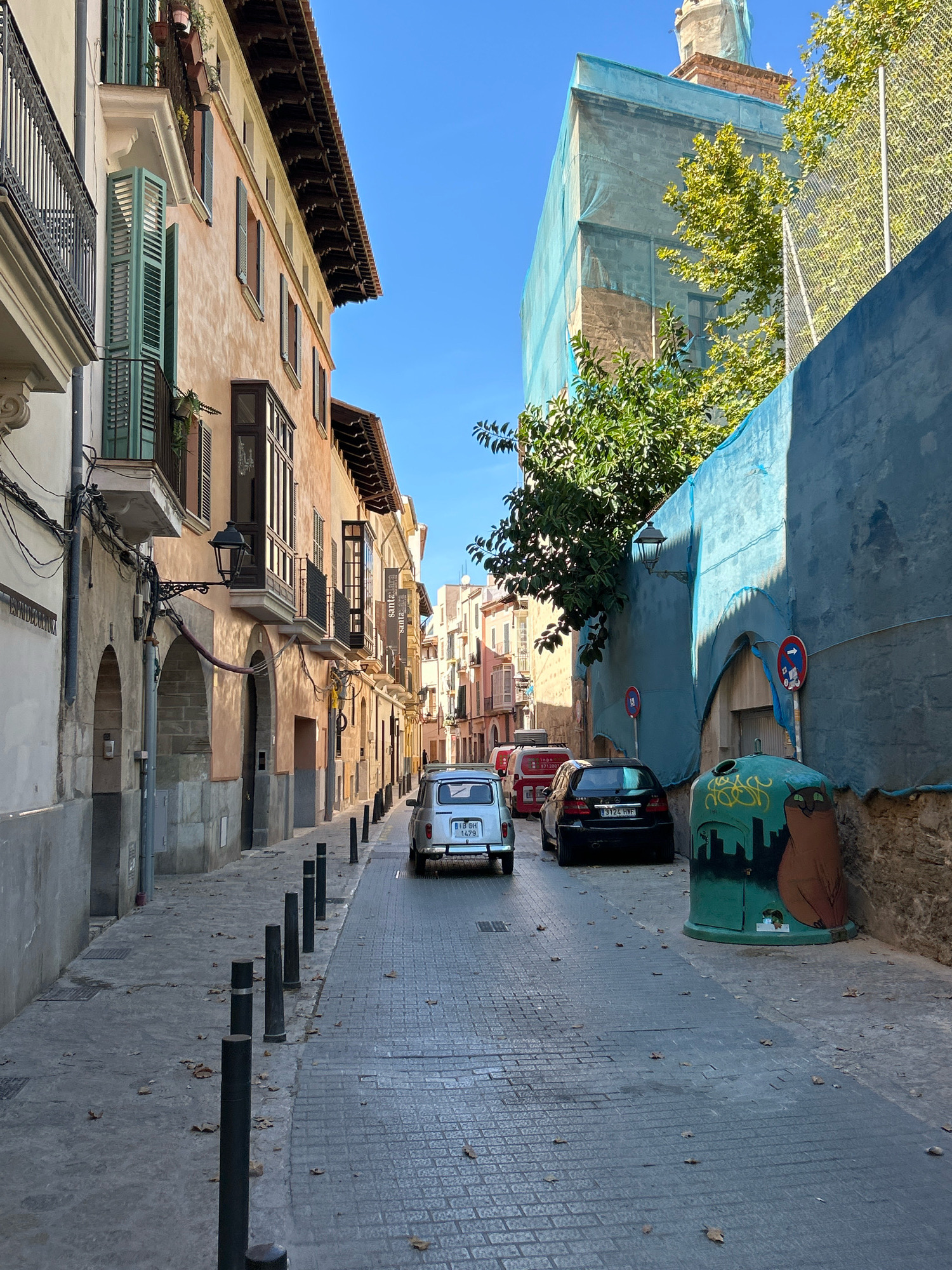The image depicts a narrow, cobblestone street in Palma de Mallorca, Spain, under a clear blue sky. The street is lined with traditional multi-story buildings, featuring balconies with iron railings and green shutters. The architecture suggests a historic European city.
On the left side of the street, buildings display a warm, stucco facade with arched entrances at street level. Electrical wires are strung along the building facades.
On the right side of the street, a building is partially obscured by a large, blue tarpaulin, likely indicating ongoing construction or renovation. A chain-link fence runs along the top of the right side of the street. A green dumpster, decorated with a stylized cat and city skyline, is positioned on the right side of the street. Traffic signs are visible, including a blue circular sign with a red border and a white arrow pointing right, and a red circular sign with a horizontal bar.
Three vehicles are present: a white classic car in the foreground, a red van further up the street, and a black car parked behind the red van. The street is sparsely populated, with no people clearly visible in the frame. Fallen leaves are scattered on the cobblestone pavement and sidewalk. The lighting indicates it is daytime, with shadows cast on the street and buildings.