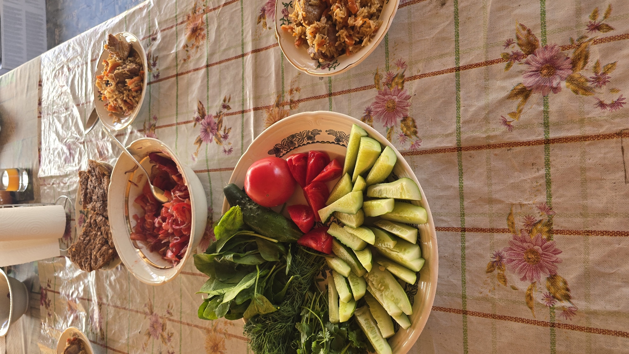 A dining table is prepared with various dishes in Забегалово, Russia. The table is covered with a white tablecloth featuring a floral pattern of pink and purple flowers with green and yellow leaves, overlaid with a grid of thin red and green stripes. A clear plastic sheet covers parts of the tablecloth.
In the upper center, a roll of white paper towels rests on a metal stand. To its right, a clear glass holds an amber-colored liquid. Towards the upper left, a white ceramic bowl is partially visible.
In the mid-left, a white bowl with a gold rim contains a red salad, primarily composed of diced tomatoes and sliced red onions, with a silver spoon resting within. Behind this bowl, a flat, dark, irregularly shaped food item, possibly a baked good or meat pie, is presented on a small, floral-patterned plate.
To the mid-right, a small, white, floral-patterned bowl holds a serving of pilaf (plov), consisting of rice, meat pieces, and carrots.
The central focus is a large, oval-shaped white platter. This platter contains an assortment of fresh vegetables and herbs: a bundle of fresh dill and cilantro/parsley on the left, a whole green cucumber and a whole red tomato at the top, and several wedges of red bell pepper below the whole tomato. The bottom half of the platter is filled with numerous slices of green cucumber cut into wedges.
No individuals are visible in the scene. The setting appears to be indoors or in a well-lit shaded area, with natural light illuminating the food.