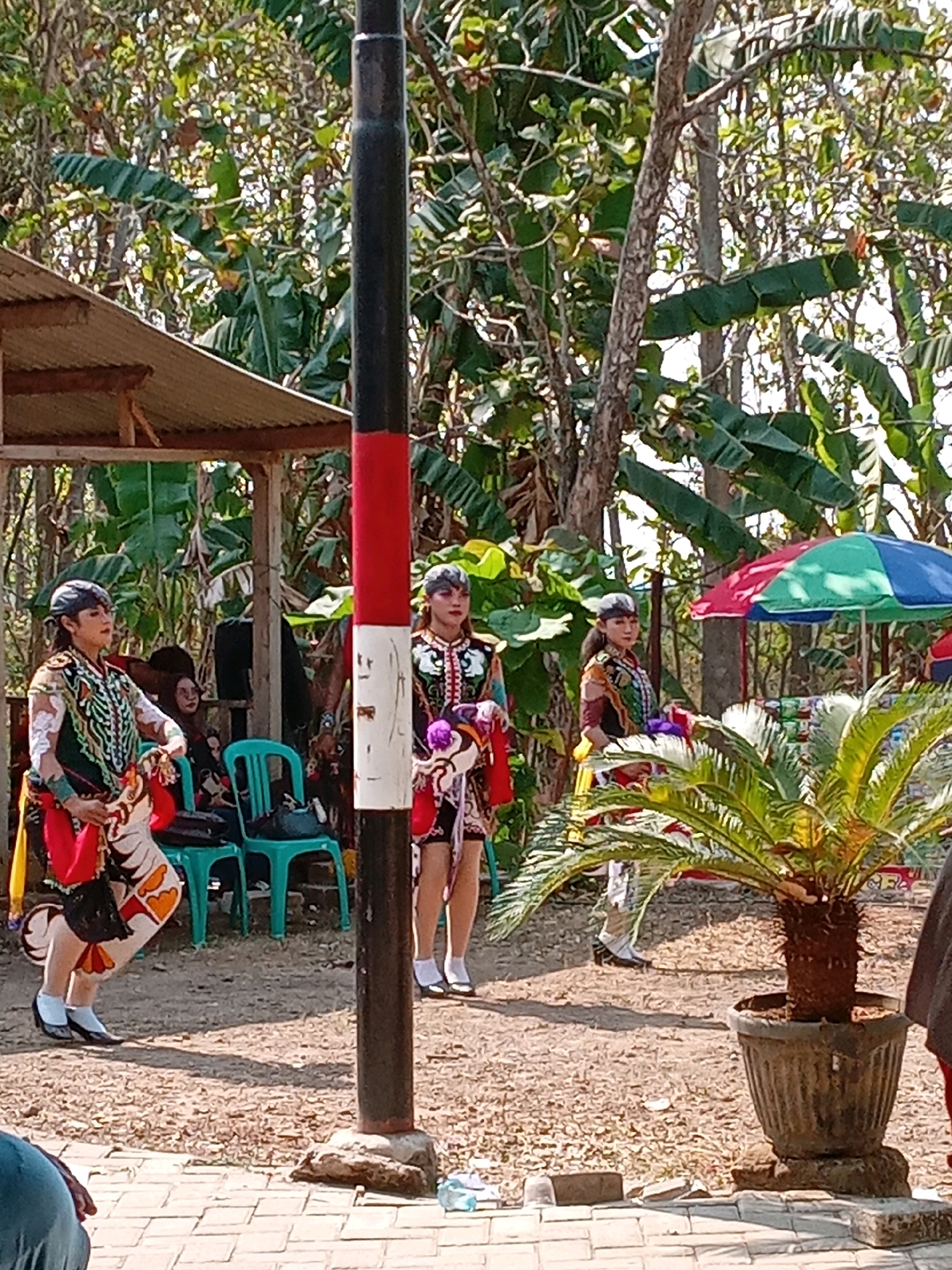 In Kedunggudel, Indonesia, on a sunlit day, a traditional performance unfolds. Three individuals, dressed in vibrant, ornate costumes and headwear, stand in an outdoor performance area. Two are positioned towards the right of the frame, while one stands to the left, facing slightly left and holding a prop that resembles a horse. They appear to be engaged in a dance or theatrical presentation. Behind them, a rustic, open-sided shelter with a corrugated roof provides shade. Several teal plastic chairs are visible under the shelter, some occupied by spectators. A tall, black and red striped pole stands prominently in the foreground. Lush green foliage, including banana leaves and trees, forms a dense backdrop, suggesting a tropical or subtropical environment. In the right foreground, a potted palm tree adds a touch of greenery. A colorful umbrella, red and green, is partially visible behind the performers. The ground is covered in a mix of dirt and small stones, with a paved walkway in the lower portion of the image. The scene captures a cultural event in a natural, outdoor setting.