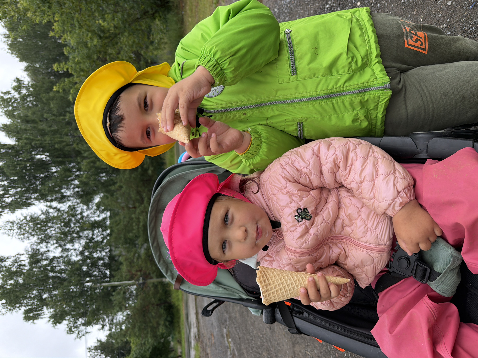 Two young children, a boy and a girl, are standing outdoors in front of a stroller. The girl, on the left, is wearing a pink hat and jacket, and is holding an ice cream cone. The boy, on the right, is wearing a yellow hat and a green jacket, and is eating a sandwich. They are both looking at the camera. The background consists of trees and a cloudy sky. The location is implied to be the city of Chaikovsky, Russia, based on the prompt.