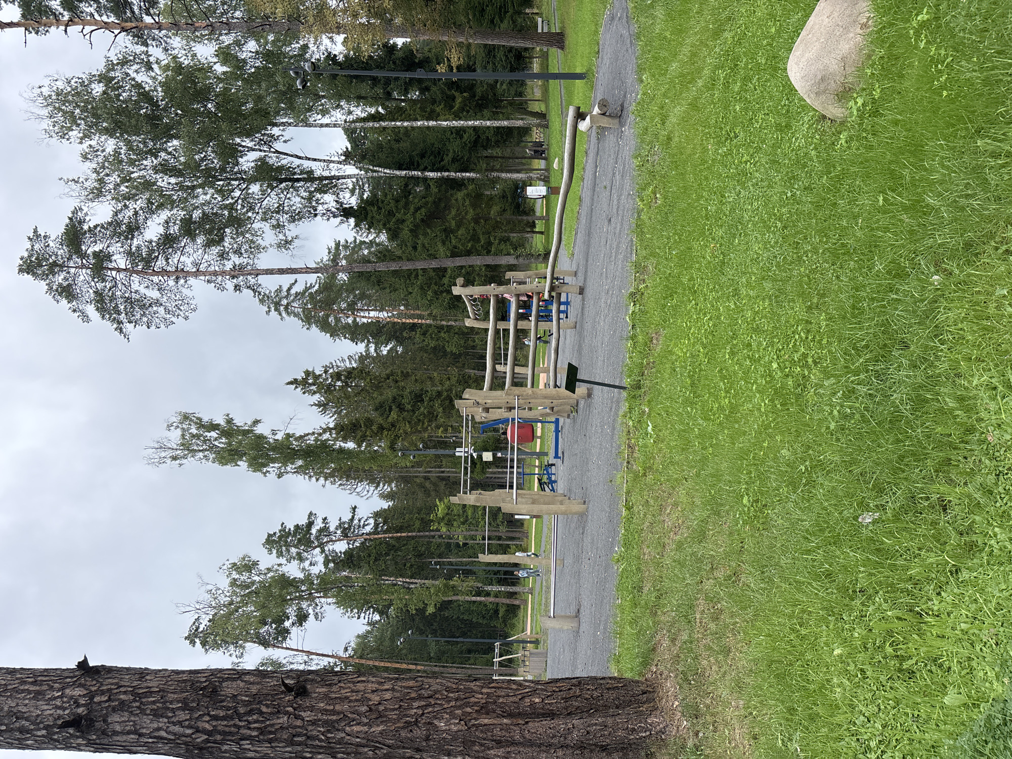 The image depicts an outdoor exercise area in Pavlovskaya Sloboda, Russia, characterized by a park setting with tall trees. The ground is covered with gravel, and the area is equipped with various wooden and metal exercise apparatus, including parallel bars, a balance beam, and a punching bag. Several individuals, including children and adults, are present, engaged in activities within the exercise zone. A large rock is visible in the foreground, amidst lush green grass. The sky is overcast, suggesting a cloudy day.