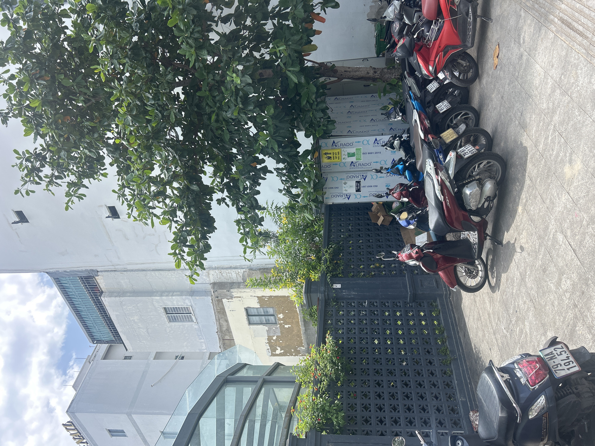 This vertical shot depicts a bustling street scene in Nha Trang Ward, Vietnam, likely during bright daylight hours given the clear shadows and lighting. The weather appears partly cloudy with a bright sky.
In the foreground and midground, a row of numerous motorbikes, primarily scooters, are neatly parked on a concrete pavement. The vehicles vary in color, including red, blue, grey, and black. Several license plates are visible, featuring Vietnamese characters and numbers such as "79-NA 194.52" on a dark scooter, and "21.366 LH-64" on a grey one.
To the left, a tall, leafy green tree with some small, roundish fruits partially obscures a white multi-story building. Behind the parked motorbikes, a dark grey decorative concrete block fence with square patterns separates the street from other structures. Beyond this fence, there are multiple buildings: one features a modern glass-roofed section, while another shows signs of age with peeling paint revealing an older facade.
On the wall of a building behind the tree and motorbikes, several signs are prominently displayed. These signs repeatedly feature the text "ALRADO" along with the certification "ISO 9001:2015". One yellow sign contains a graphic of a person and the Vietnamese text "KHÔNG ĐẶT XE ĐẠP LÊN ĐÂY," which translates to "Do not place bicycles here."