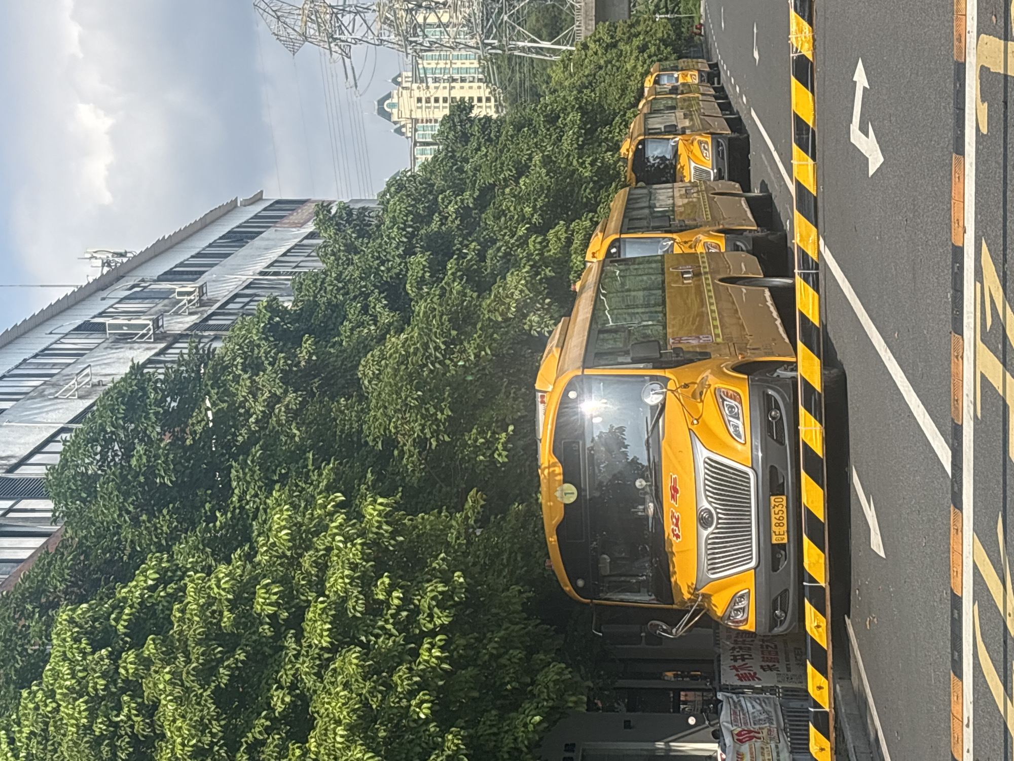 A row of yellow school buses is parked on a street in Nanhai District, China. The buses are aligned parallel to a building with many windows, and lush green trees line the street in front of the building. A yellow and black striped barrier is positioned across the road in front of the first bus. Traffic markings on the asphalt indicate lanes for vehicles, including directional arrows for turning. In the background, a modern apartment building with ornate architecture is visible, along with a large power transmission tower. The sky above is partly cloudy. The license plate on the front bus reads "E 86530".