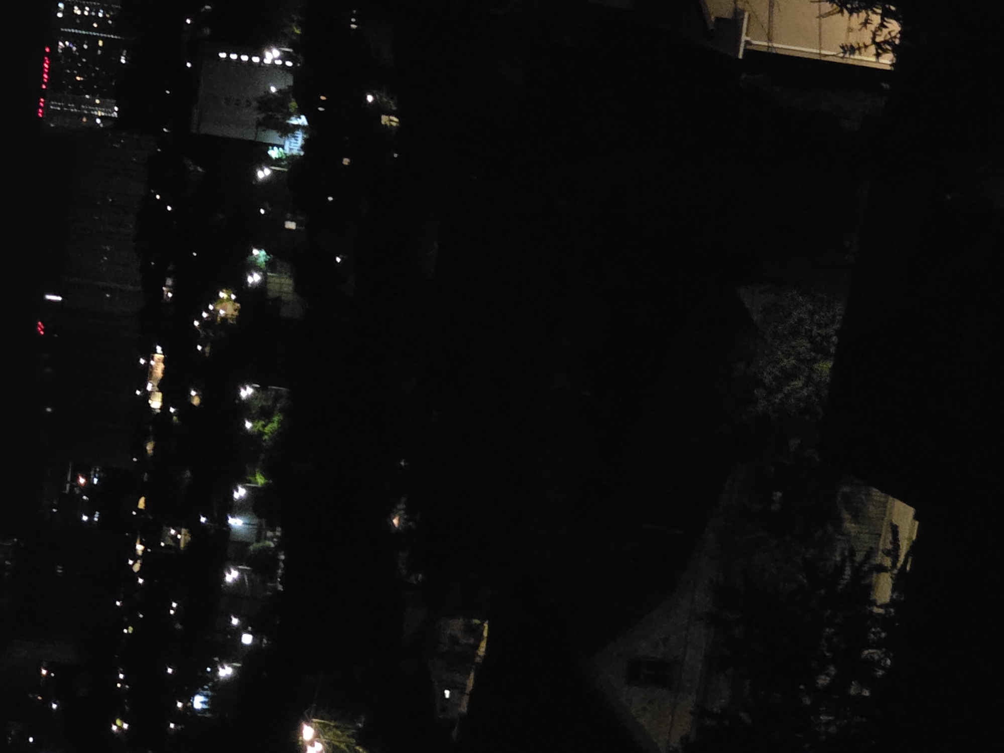 This is a nighttime aerial photograph of a dark urban or suburban landscape. The image is dominated by darkness, with scattered points of light indicating buildings, streetlights, and illuminated windows. In the foreground, a dark, sloped roof of a building is visible, with some foliage in front of it. Further back, other buildings and darker masses that could be trees or other structures are discernible. In the distance, a cluster of taller buildings, possibly skyscrapers, are illuminated with many windows and some red lights at the top, suggesting a more densely populated area. The overall impression is of a city or town at night, with the lights creating a pattern against the dark sky.