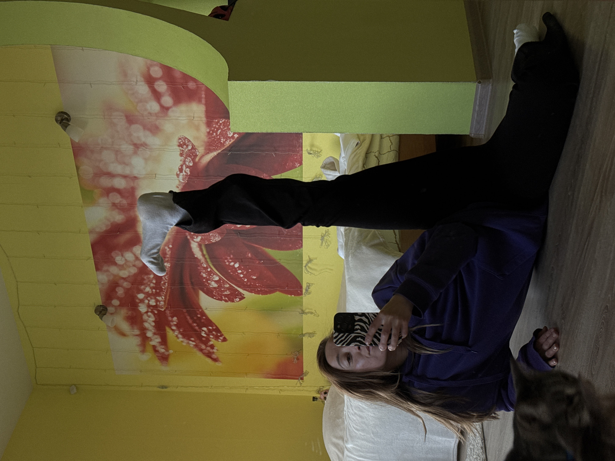 A person, likely female, is shown in a unique indoor setting, lying down and holding a smartphone. The image is taken from an unusual perspective, possibly a selfie while lying on a bed or floor. The person is wearing a dark purple hoodie, black pants, and white socks on their visible foot. They hold a smartphone with a distinctive black and white zebra-print case, directed towards themselves.
The room features a vibrant and distinct interior design. The walls and possibly ceiling are painted in sections of bright yellow and lime green, with curved architectural elements. A prominent feature is a large mural or wallpaper depicting a red and white flower (resembling a dahlia) with soft, out-of-focus highlights, across which strings of small fairy lights are hung. A small light fixture is also visible on this decorated surface. The person appears to be lying on a light-colored surface, possibly a bed or couch, with their legs extended upwards towards the floral mural. Part of a light wooden floor is visible. In the foreground, a portion of an animal, likely a cat, is visible. The person has long, brown hair and a neutral expression looking towards the camera. There is no visible text in the image. The time of day is not explicitly indicated, but the fairy lights suggest a cozy ambiance. The scene is set in Прикамский, Russia.